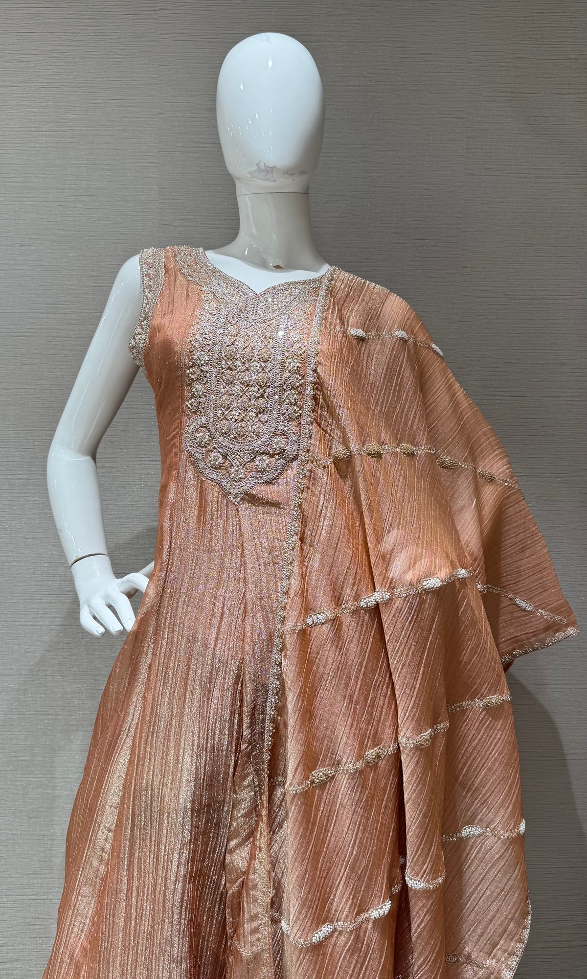 Peach Shimmer Golden Embroidered Kurta Set with dupatta