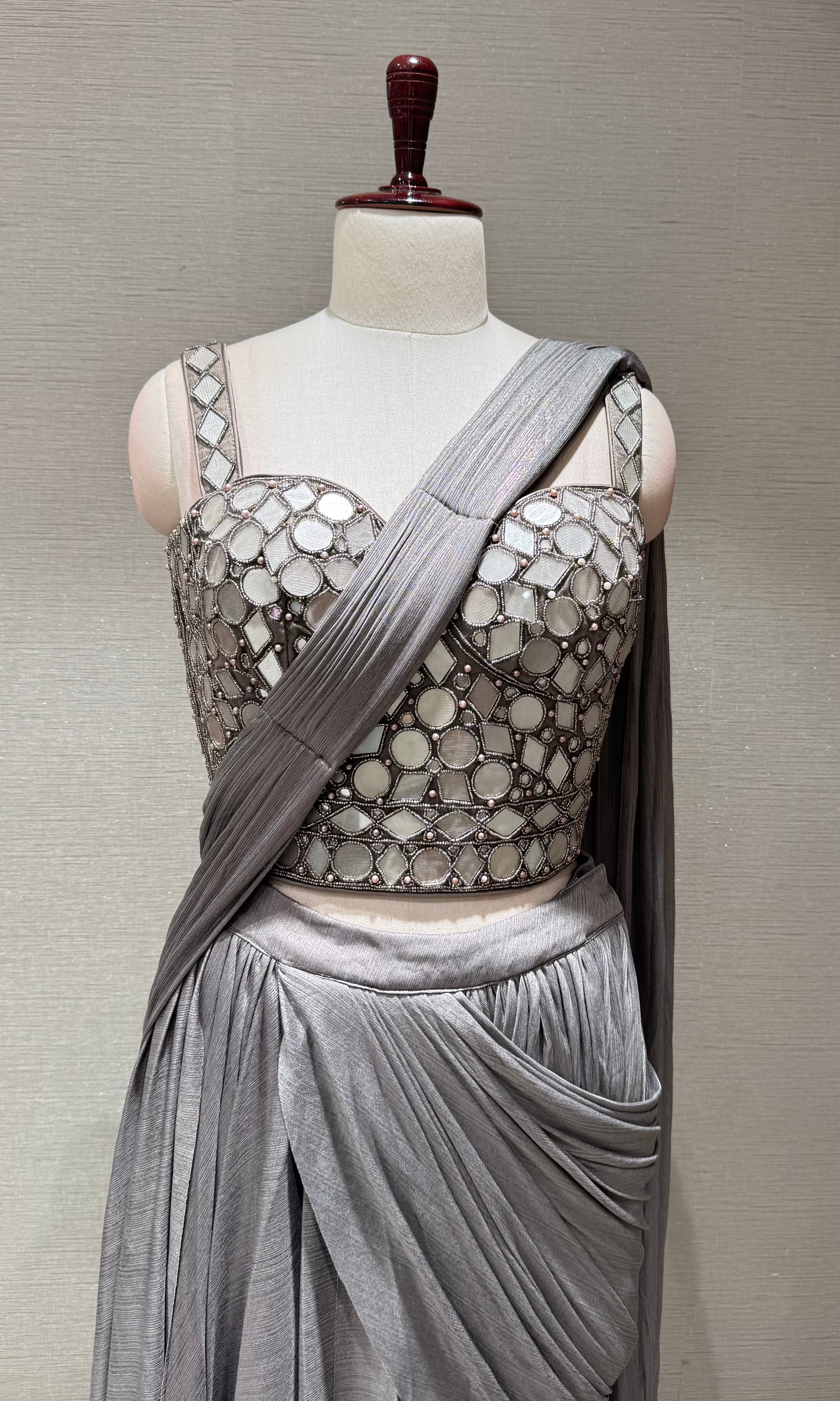 Metallic Grey Embellished Saree with corset blouse