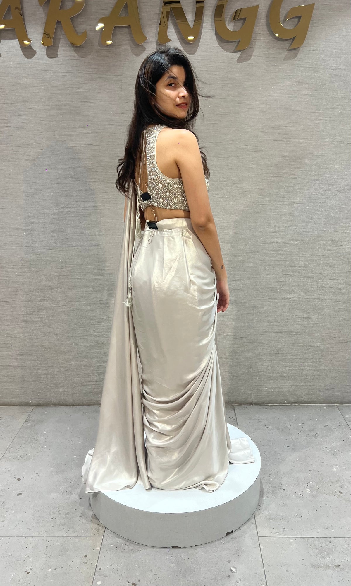 Cream Satin Silk drape saree with Ivory Jewel Blouse