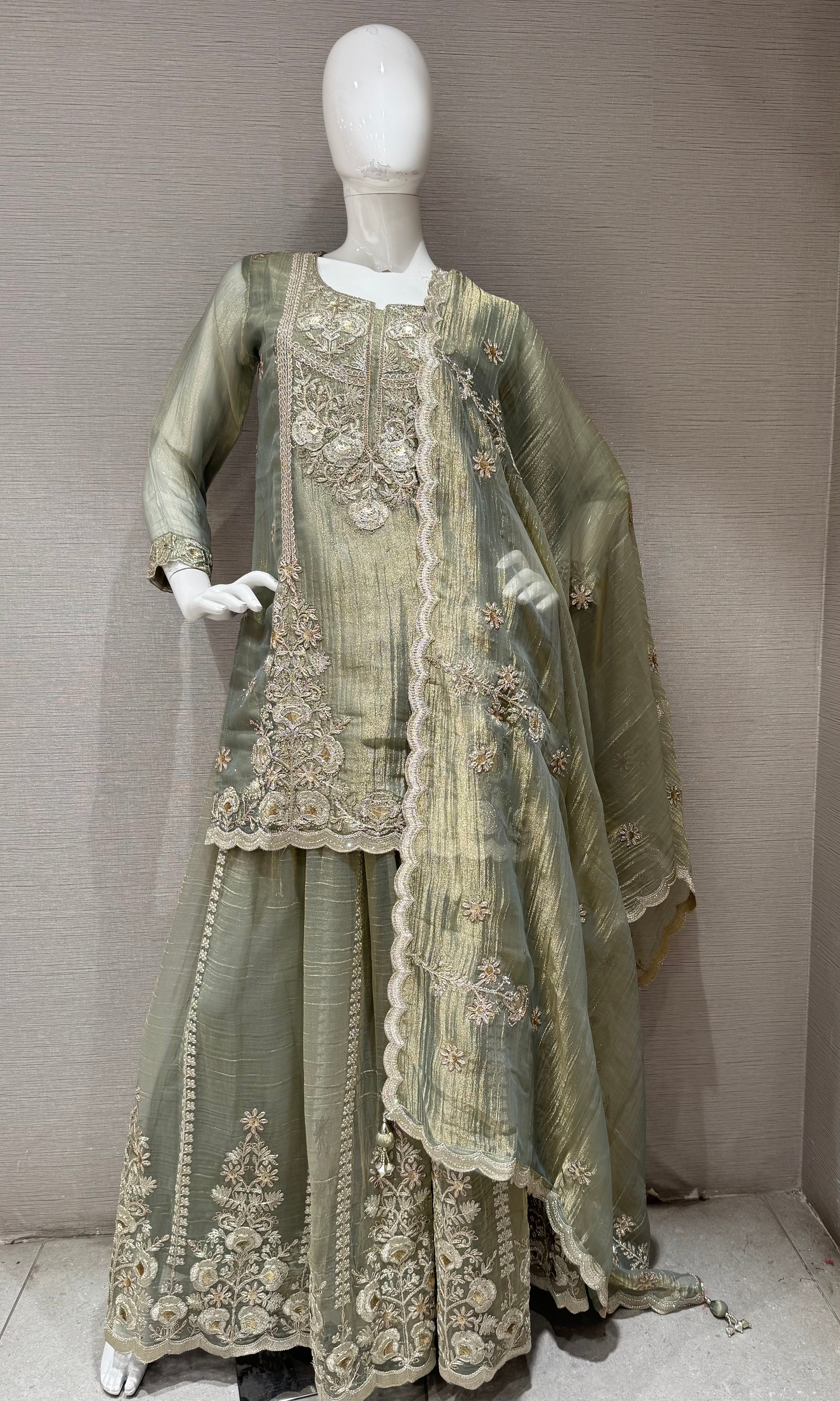 Pista green Shimmer gold embroidered Sharara Set