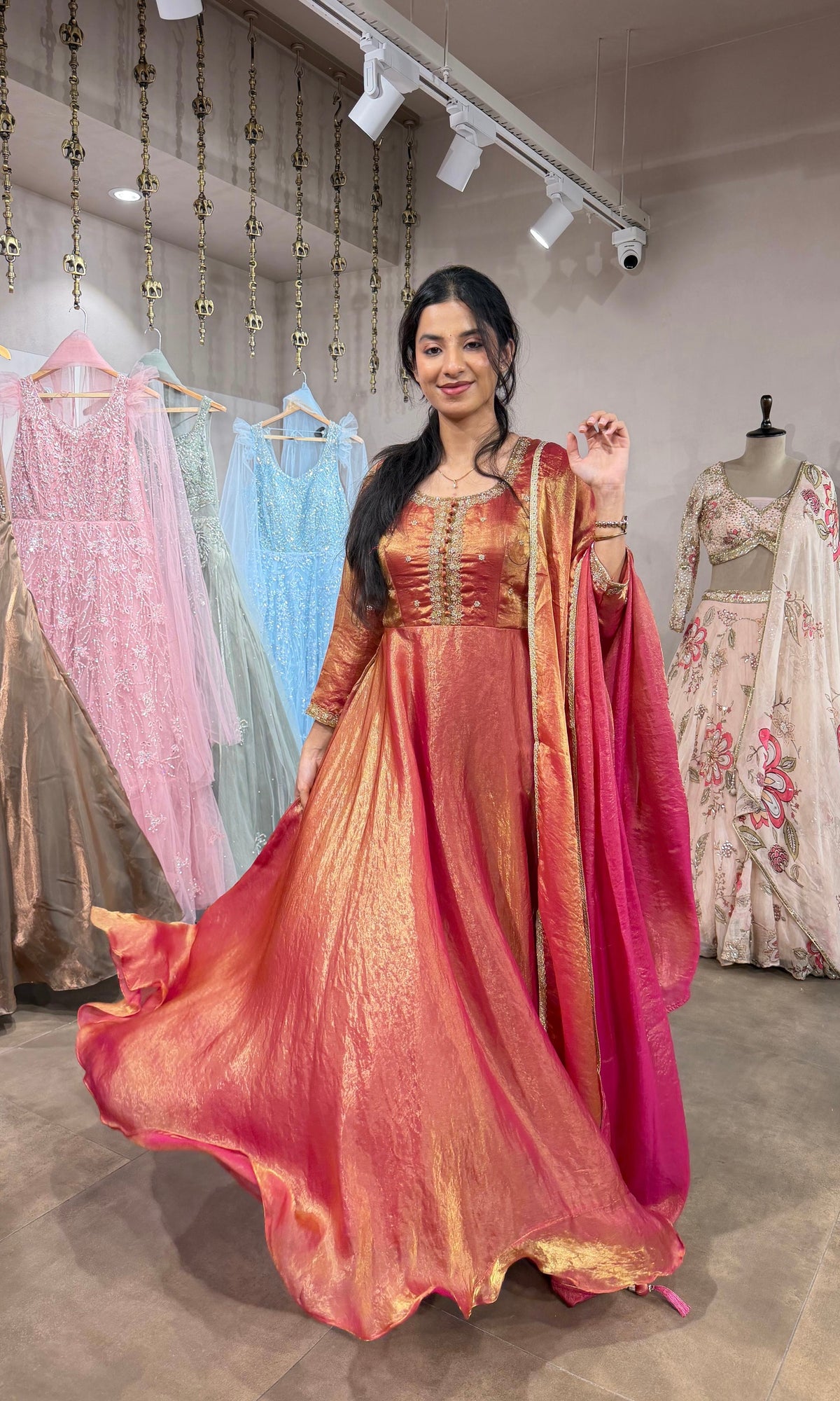 Shimmering RUST-Gold Silk Tissue Anarkali Set