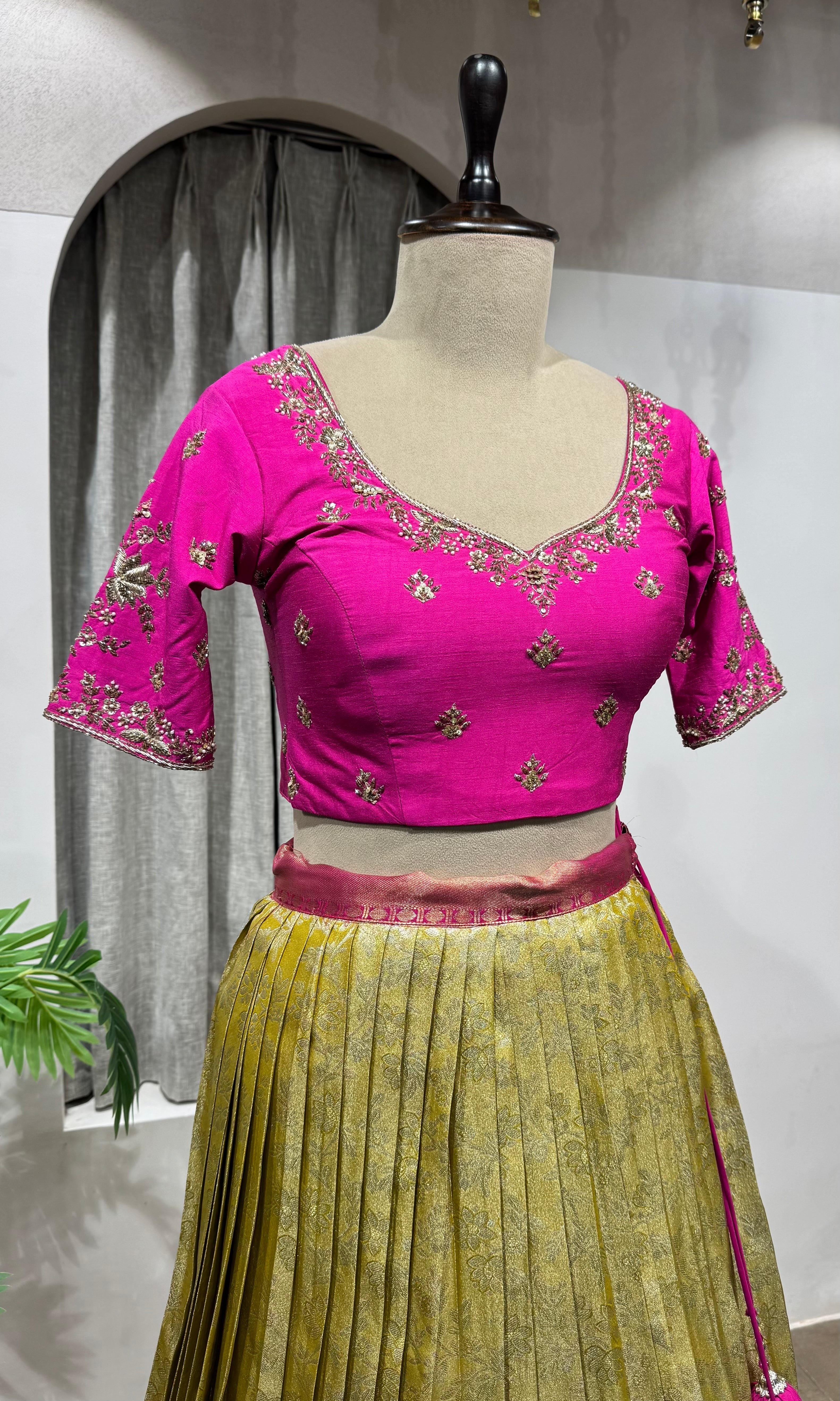 RANI PINK and gold silk BANARASI LEHENGA