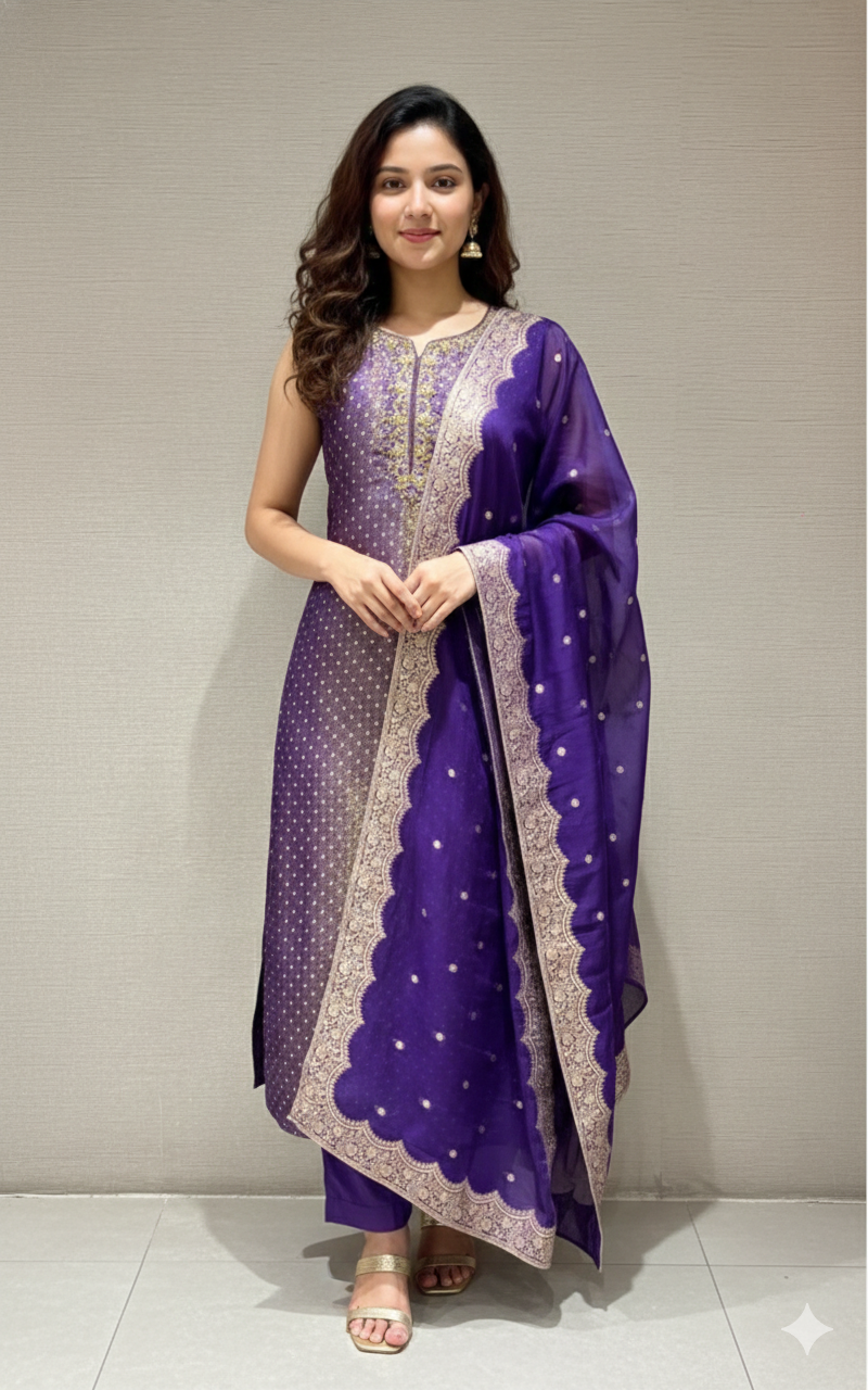 purple embroidered  kurta set with dupatta