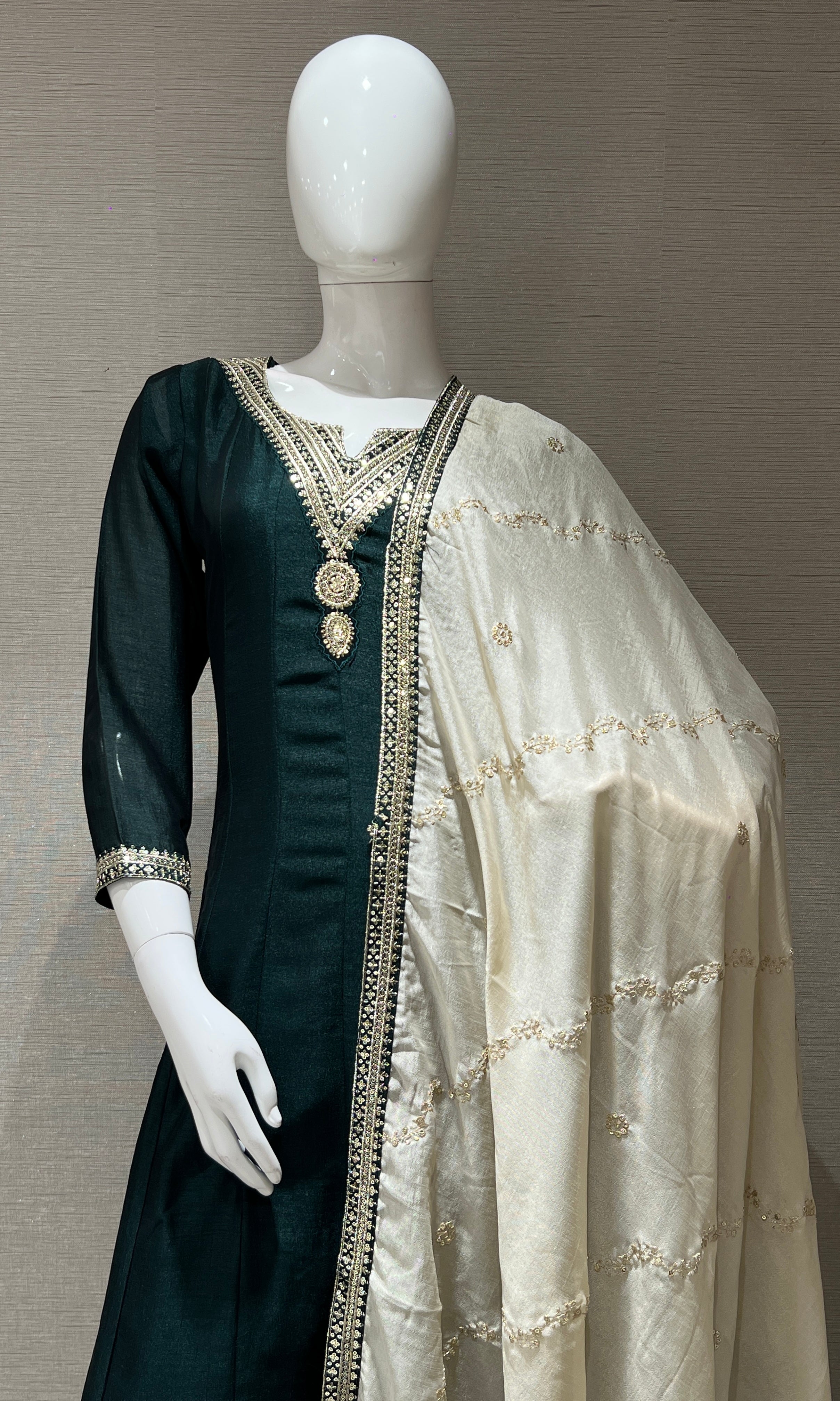 Bottlle Green kurta set with cream dupatta