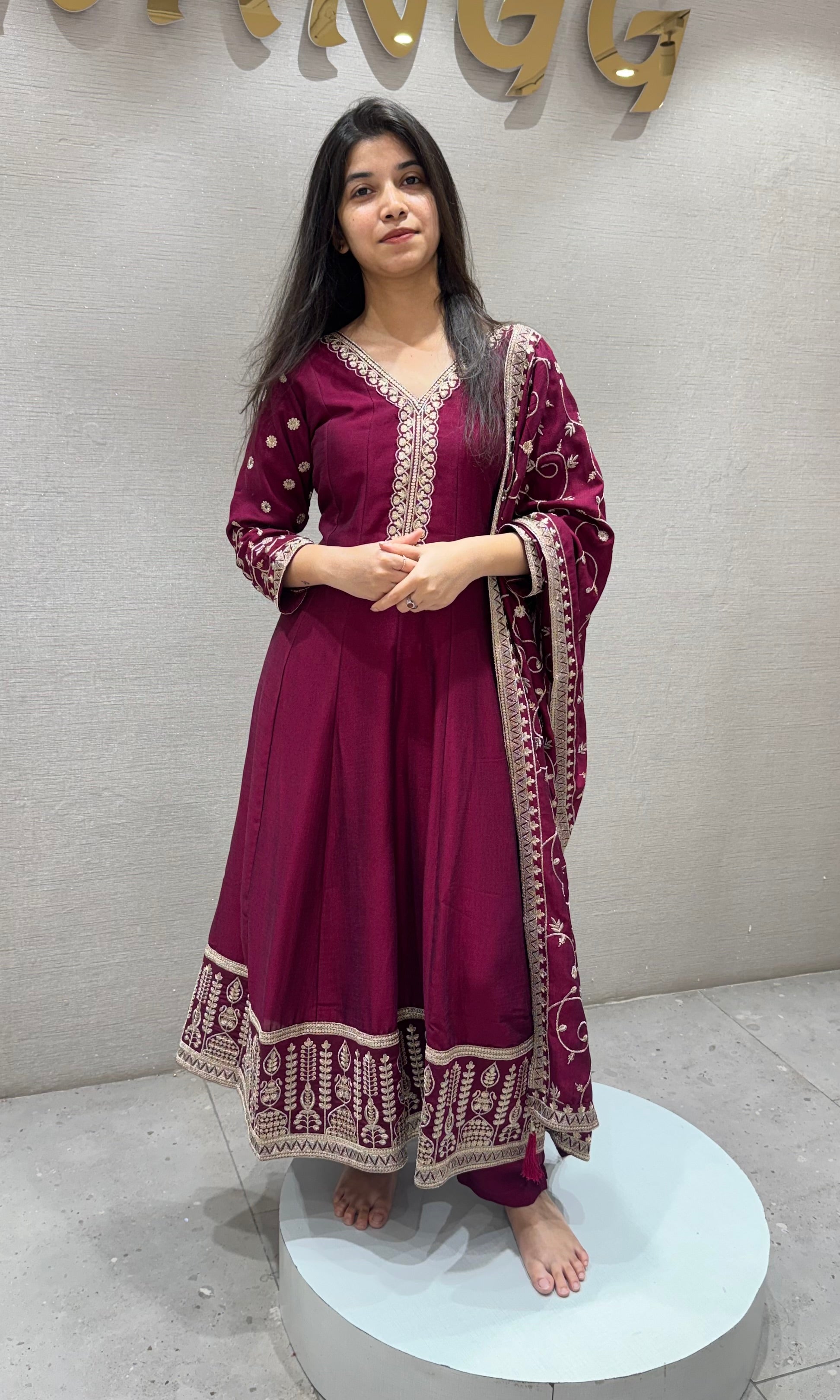 Wine Silk Embroidered Anarkali Set