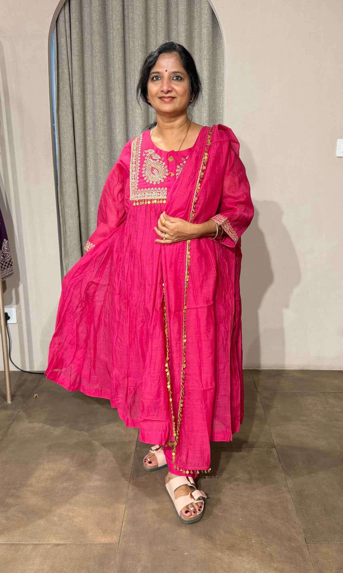 PINK MUL CHANDERI KURTA SET WITH DUPATTA