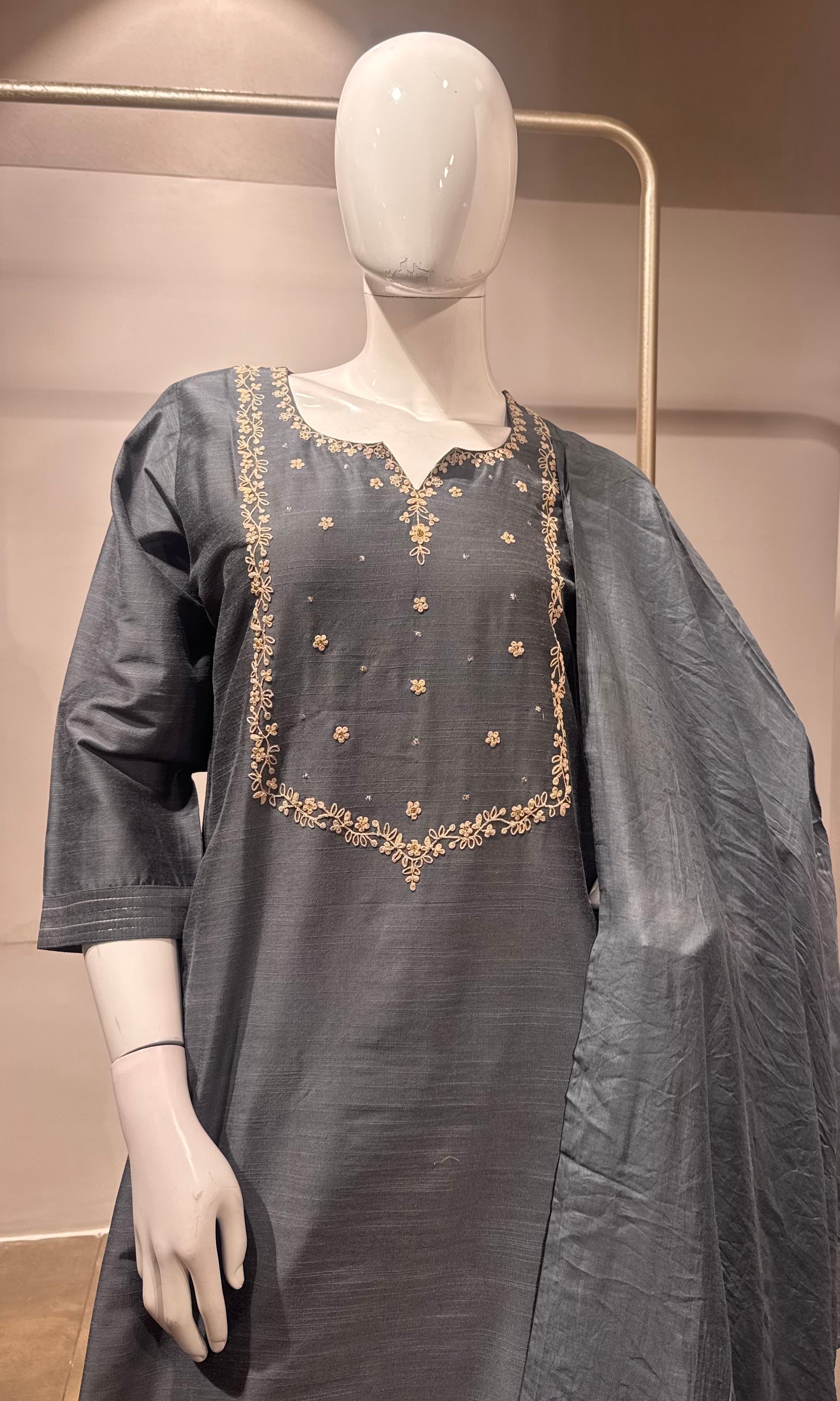 Slate Grey Silk Chanderi Kurta Set with Zari Embroidered