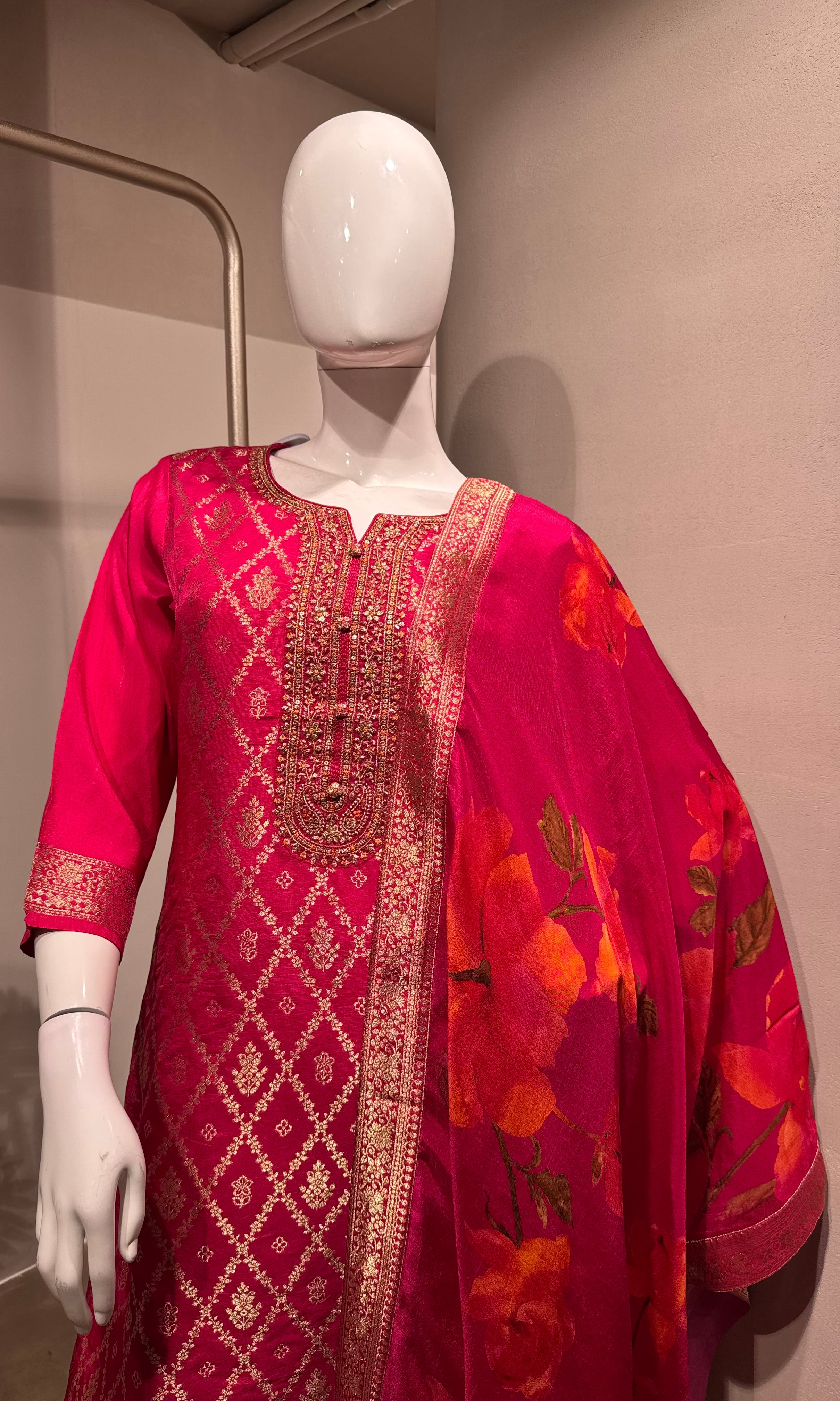 Pink Woven Design Silk KURTA Suit with Dupatta