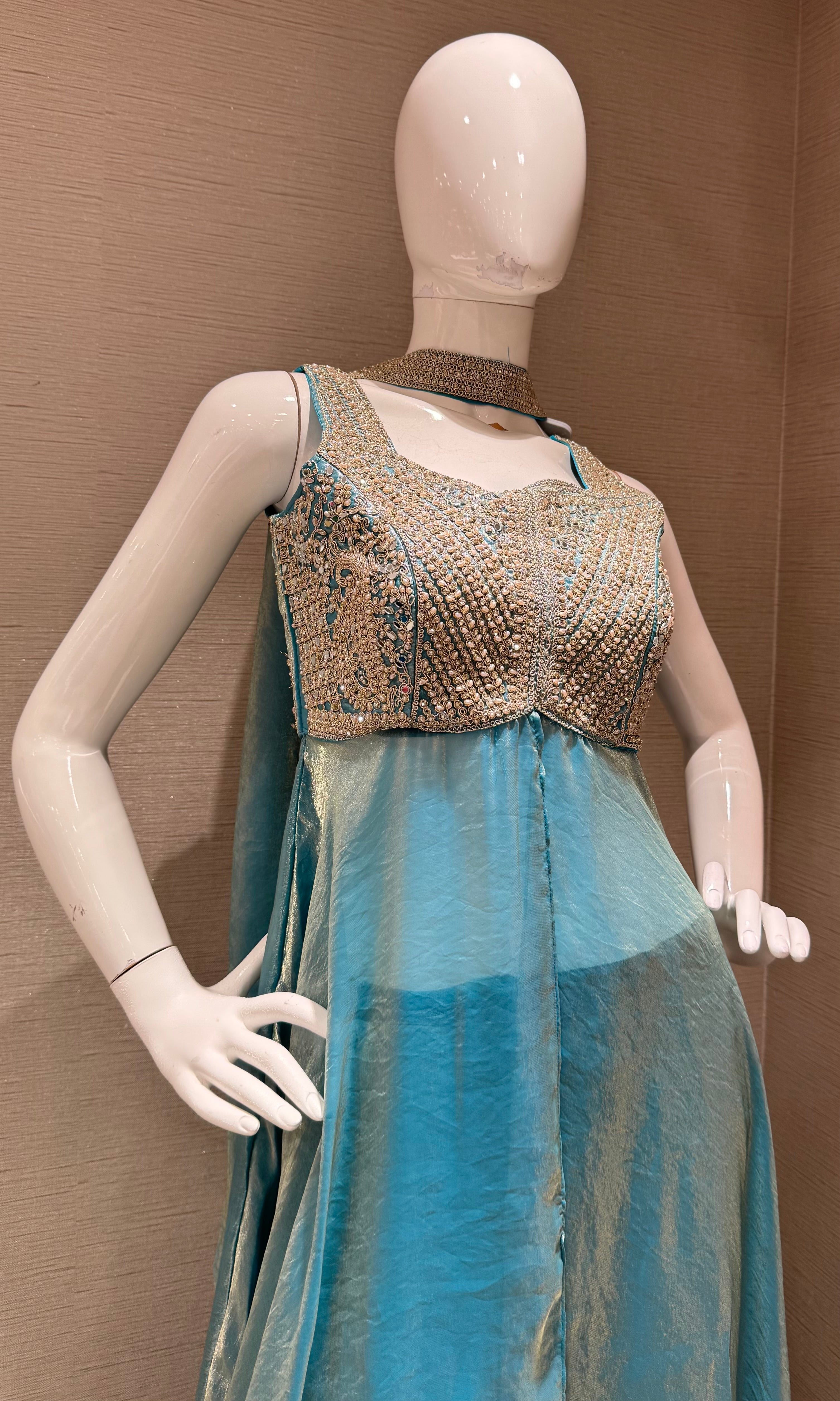 Blue embroidered shimmer tissue palazzo set