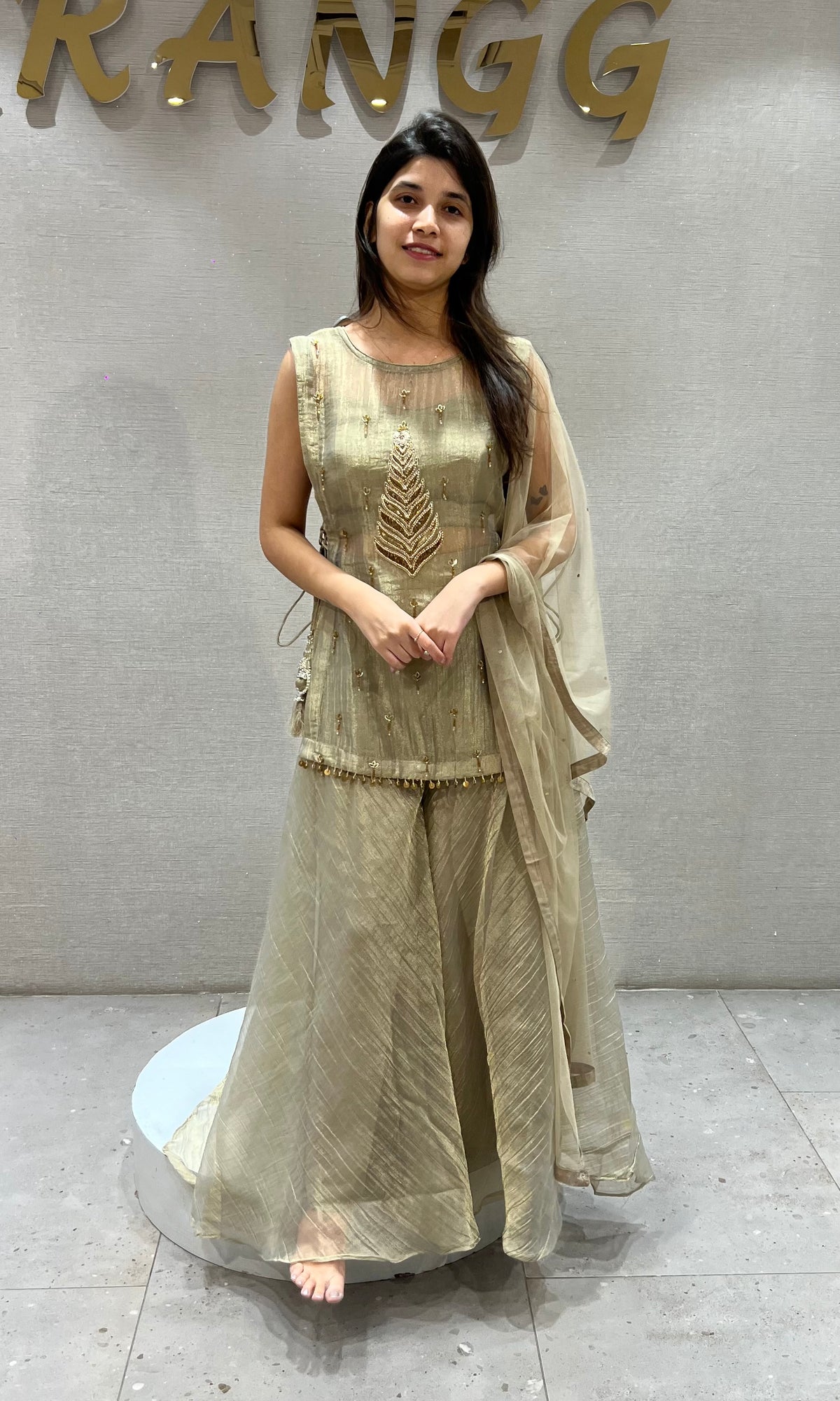 Beige Embroidered Shimmer palazzo Set with Dupatta