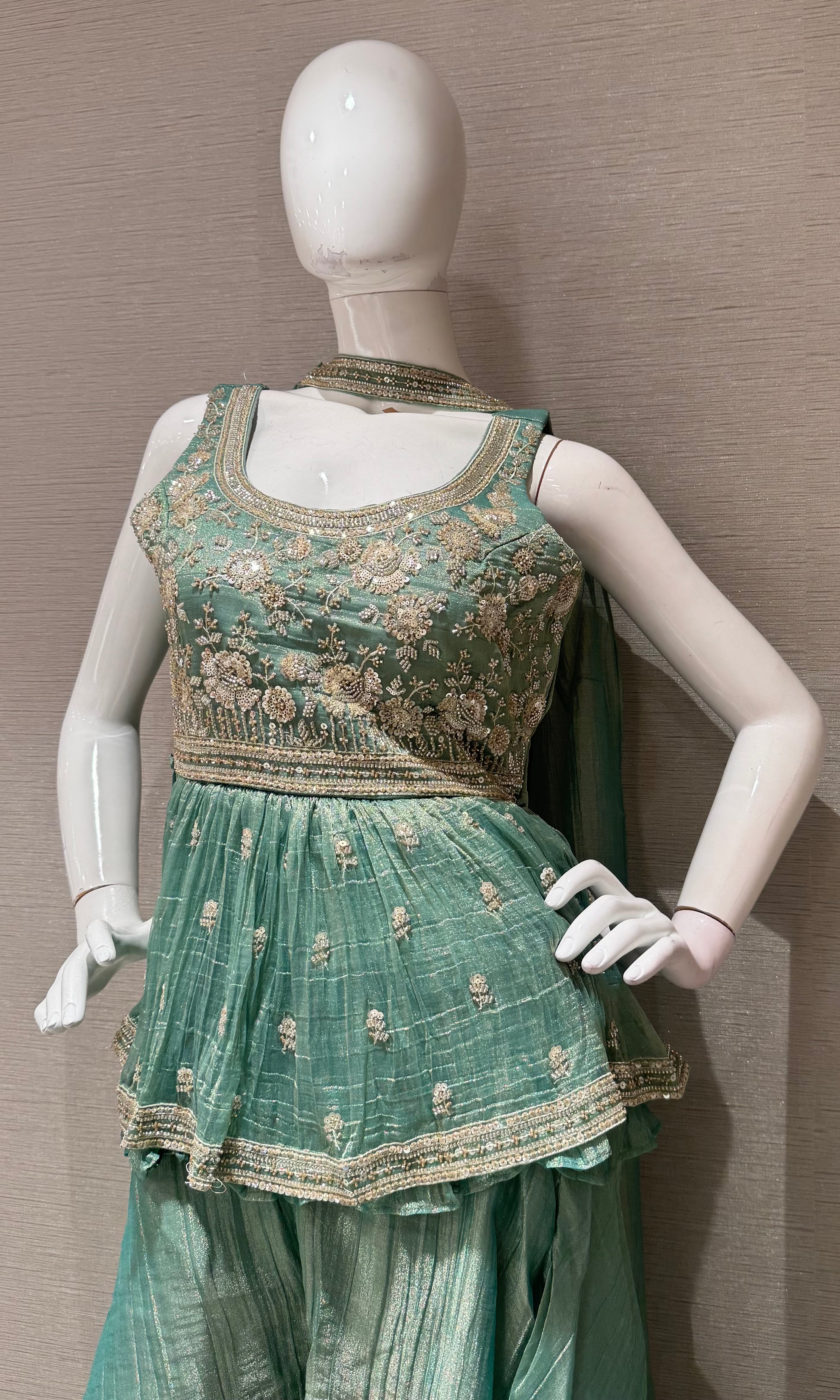 Pista Green Embellished Peplum Sharara set