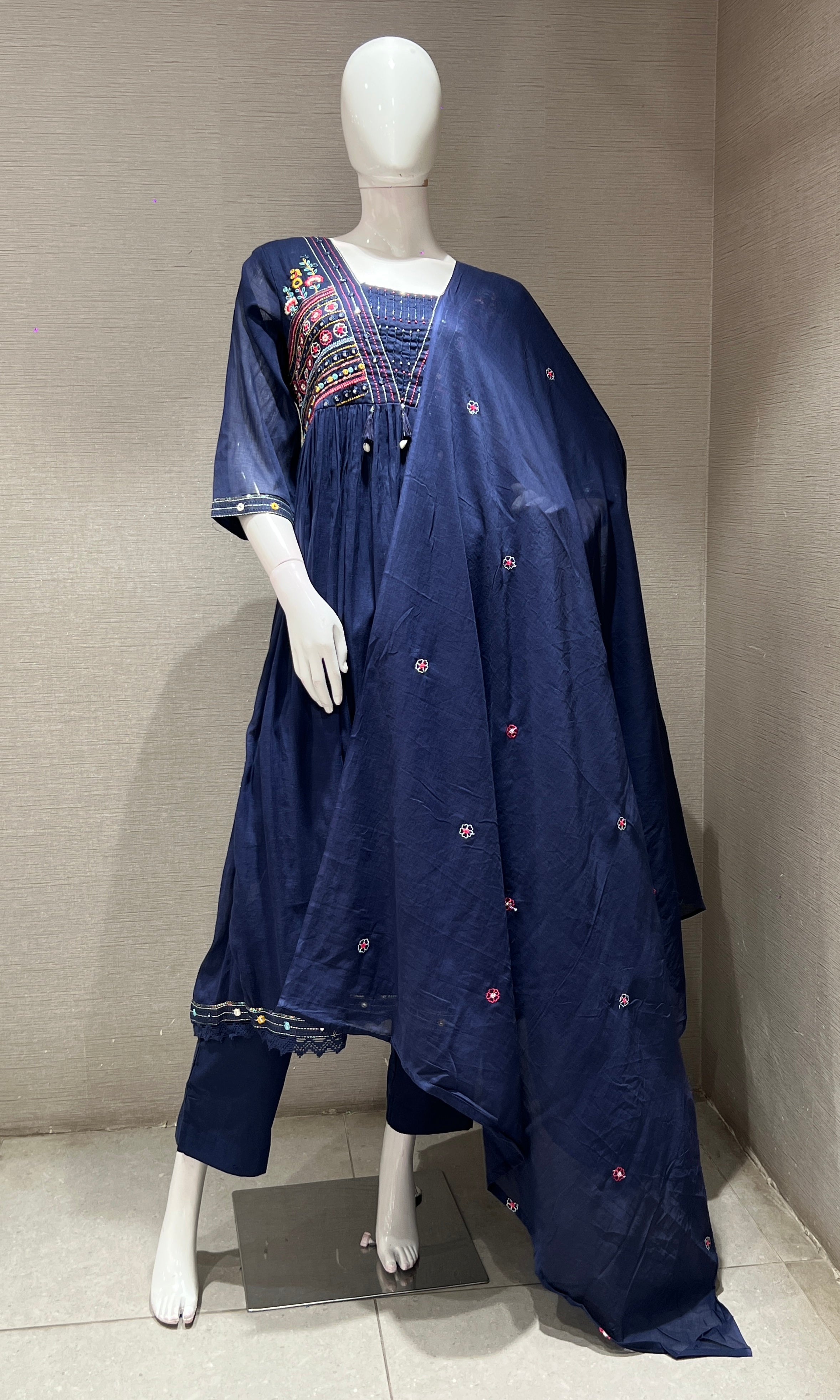 blue embroidered A LINE KURTA set