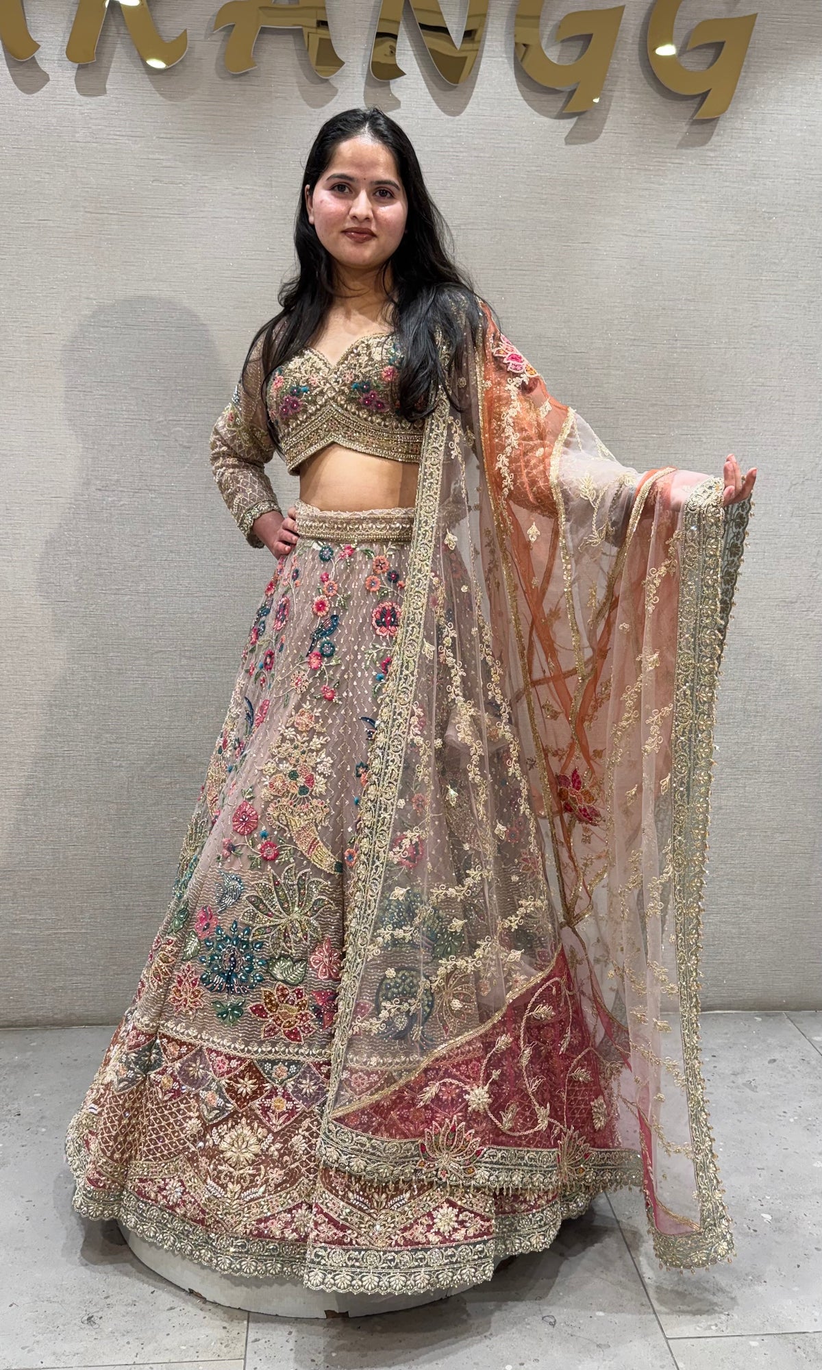 PINK Multicolour Floral Embroidered netted bridal Lehenga