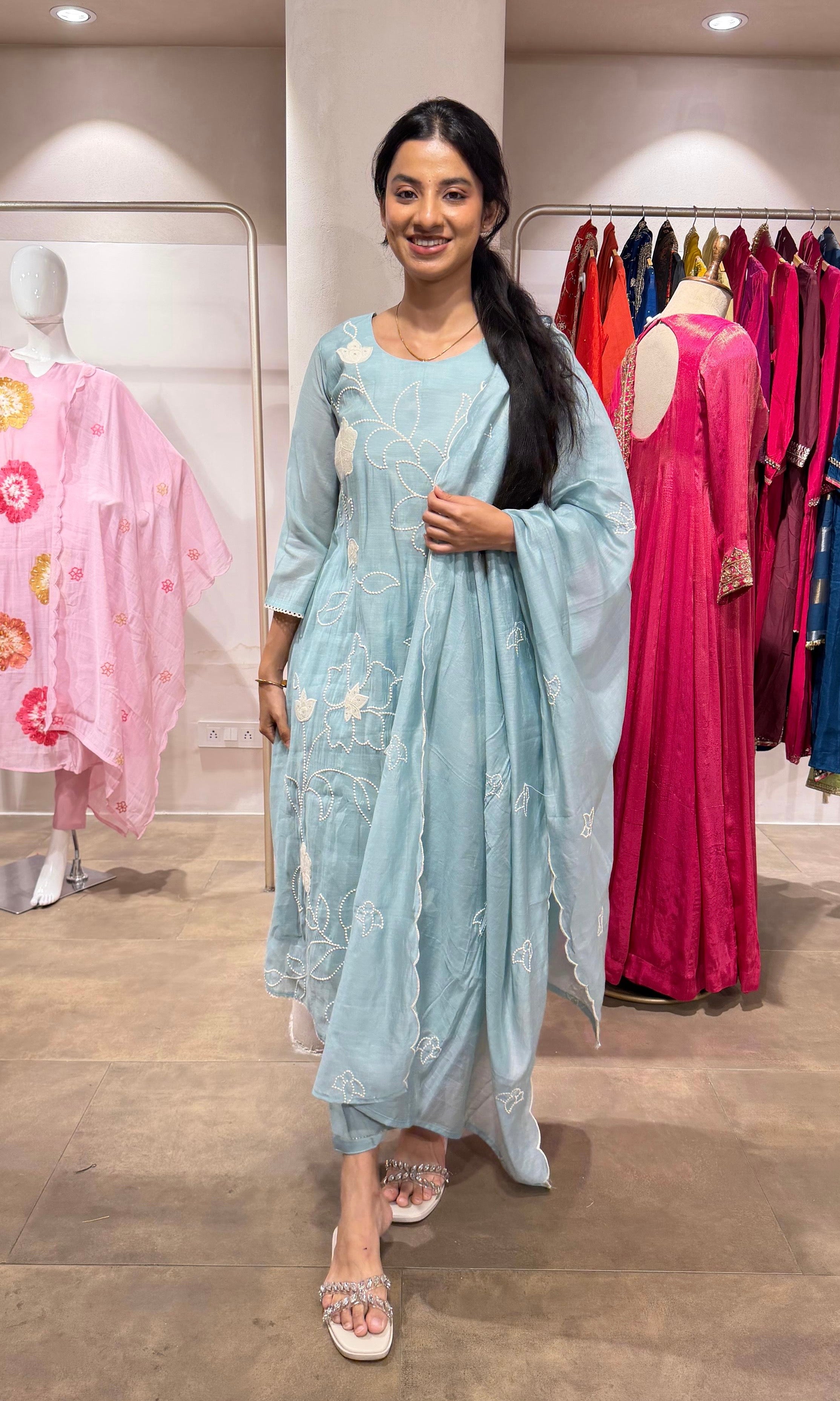 Sky Blue Embroidered Straight Kurta with Dupatta