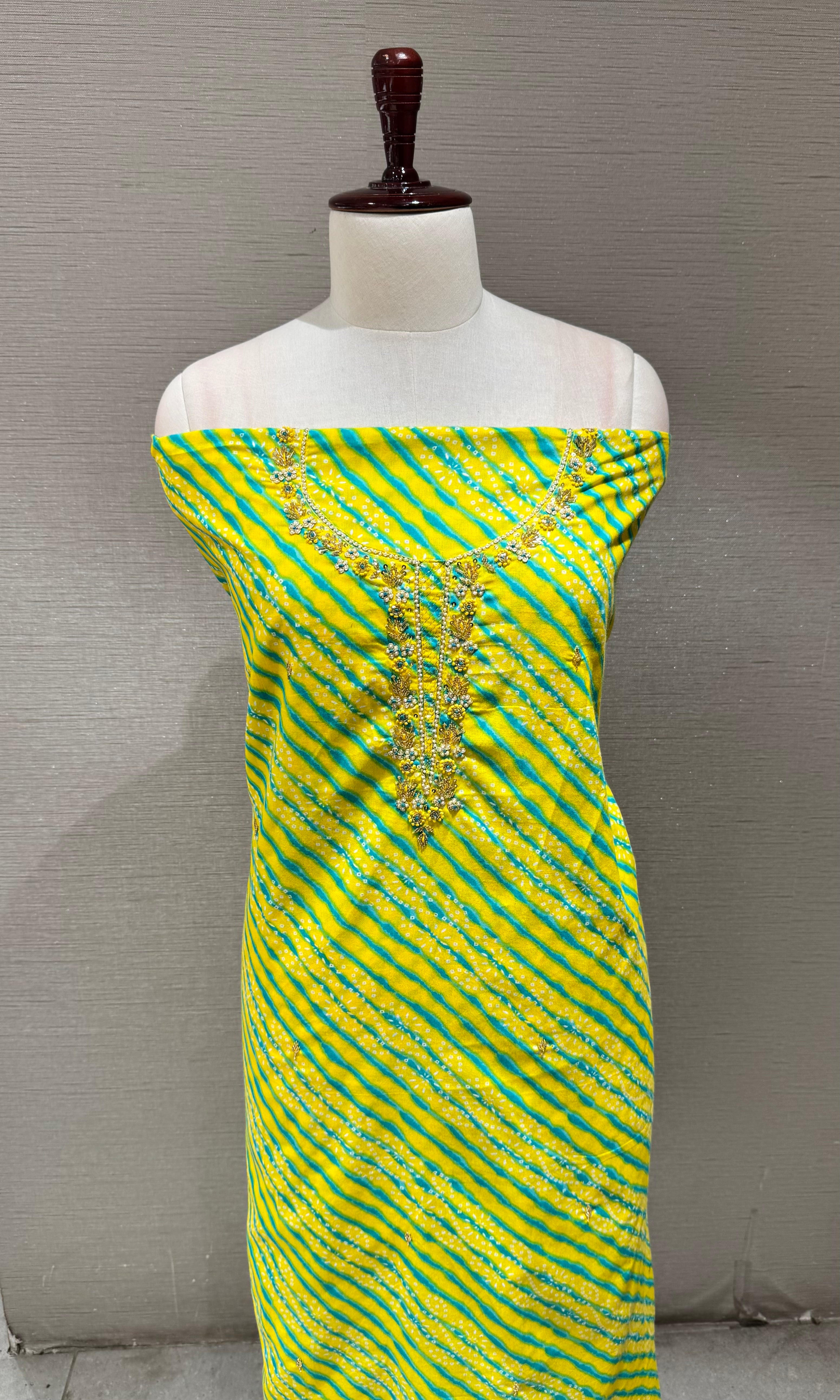 Yellow Leheriya Print Dress Material