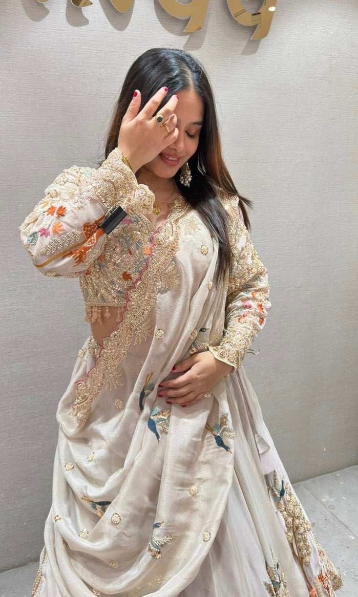 Cream Lehenga WITH MOTI WORK EMBROIDERED