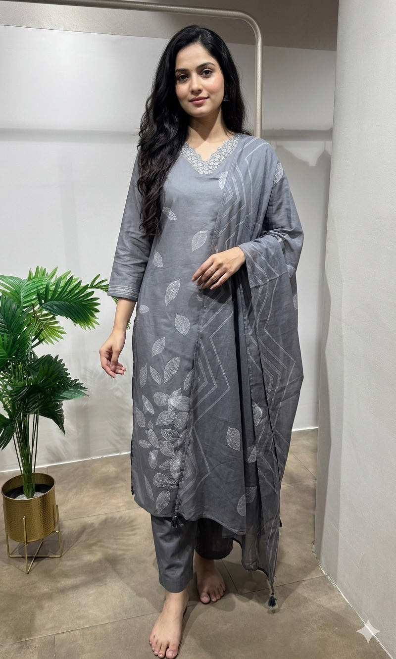 Grey leaf printed kurta set
