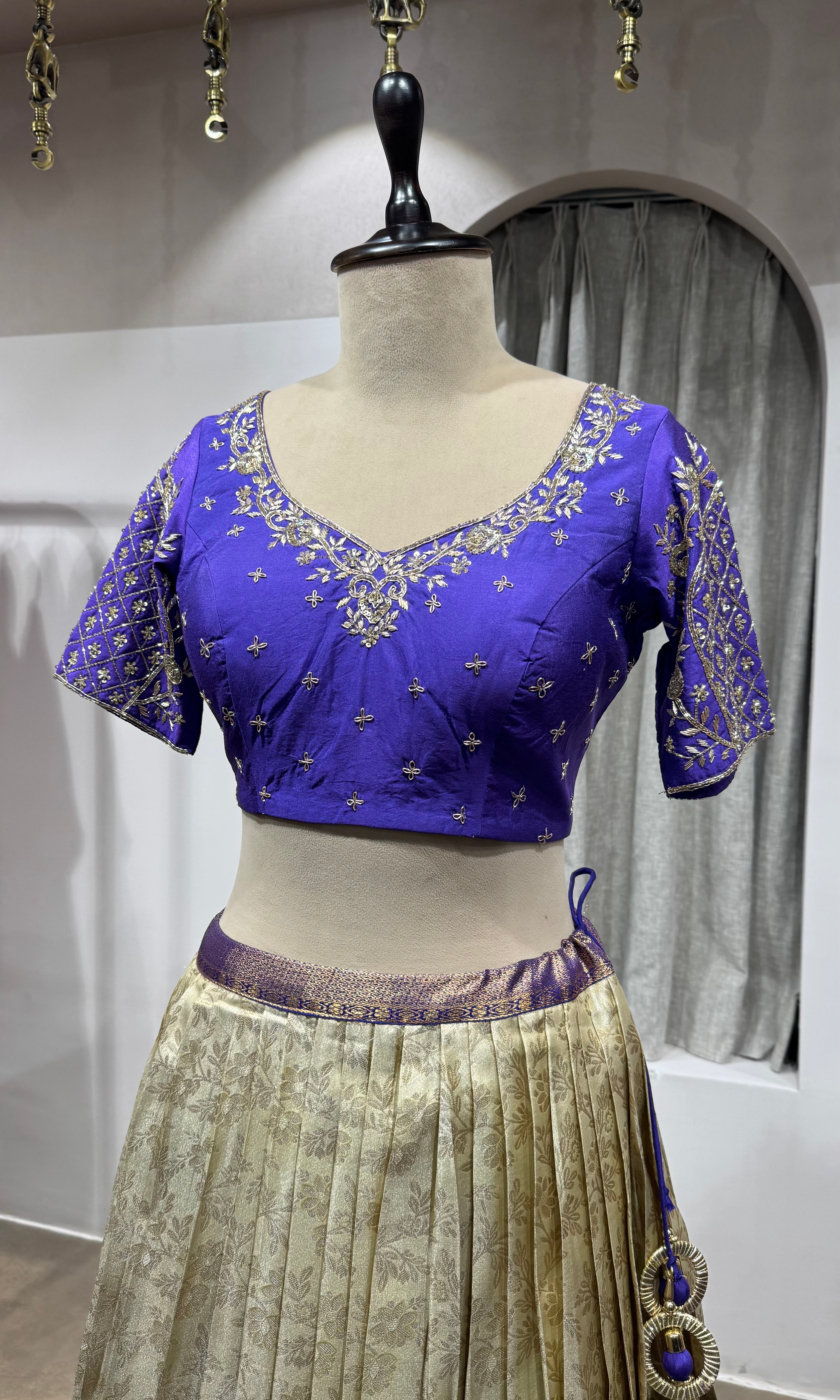 purple and cream kanjivaram Pattu lehenga