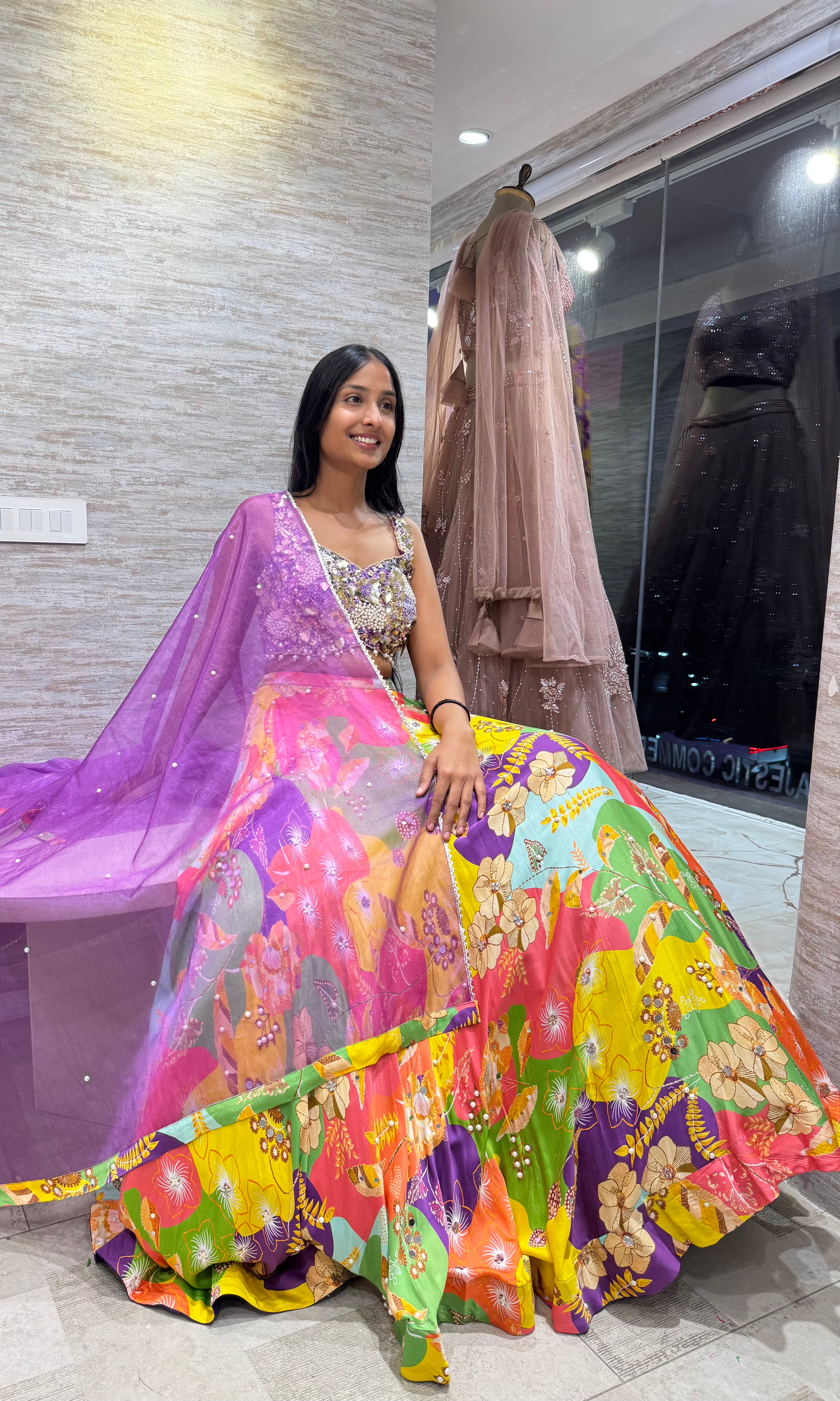 Purple multi colour floral Lehenga