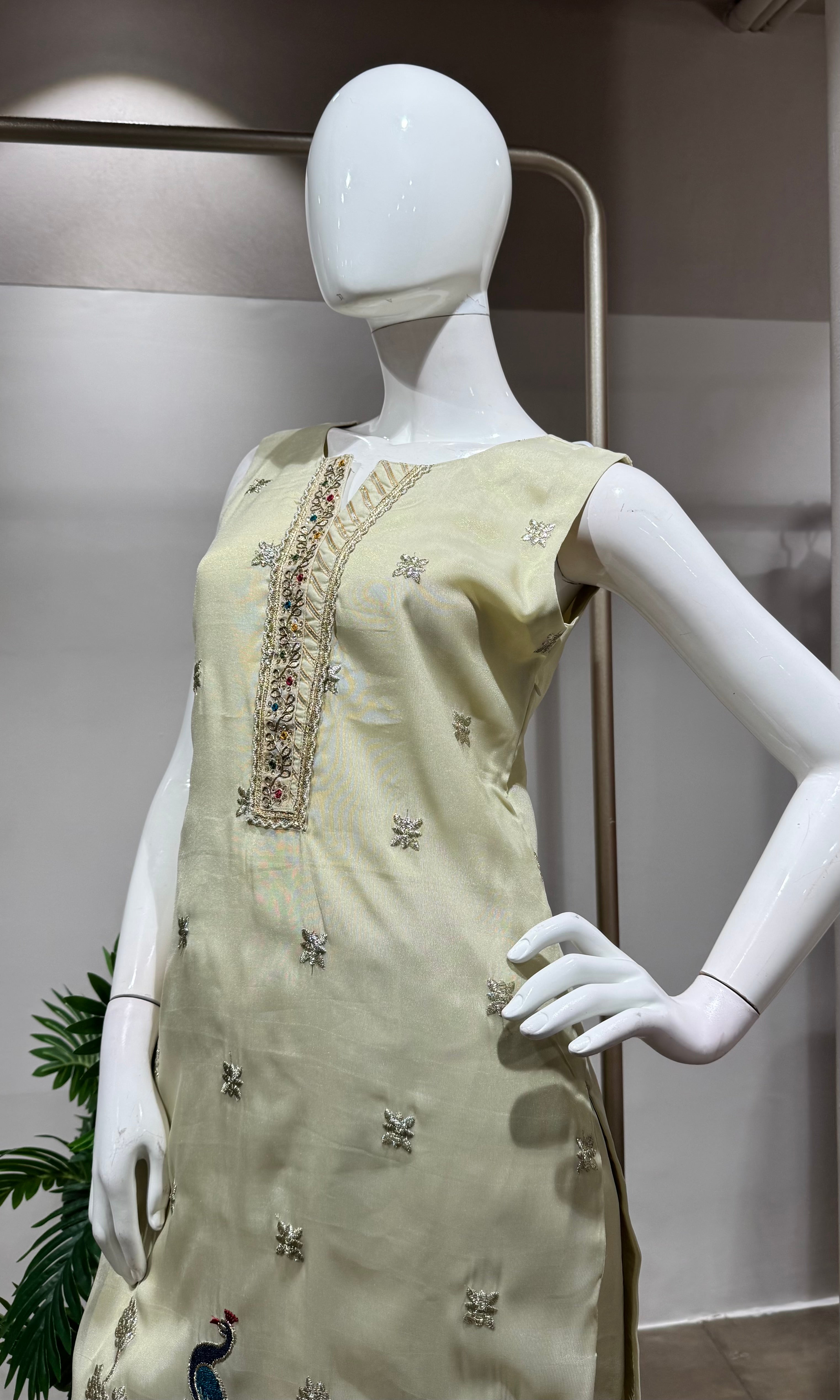 Cream Peacock Sharara Silk Ensemble