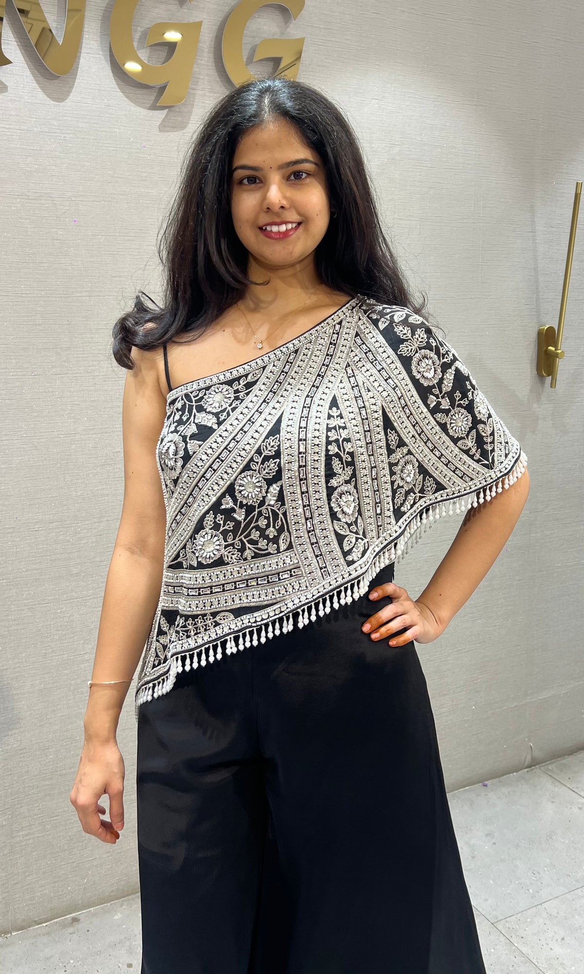 Black georgette One Shoulder Cape Top with Palazzo set