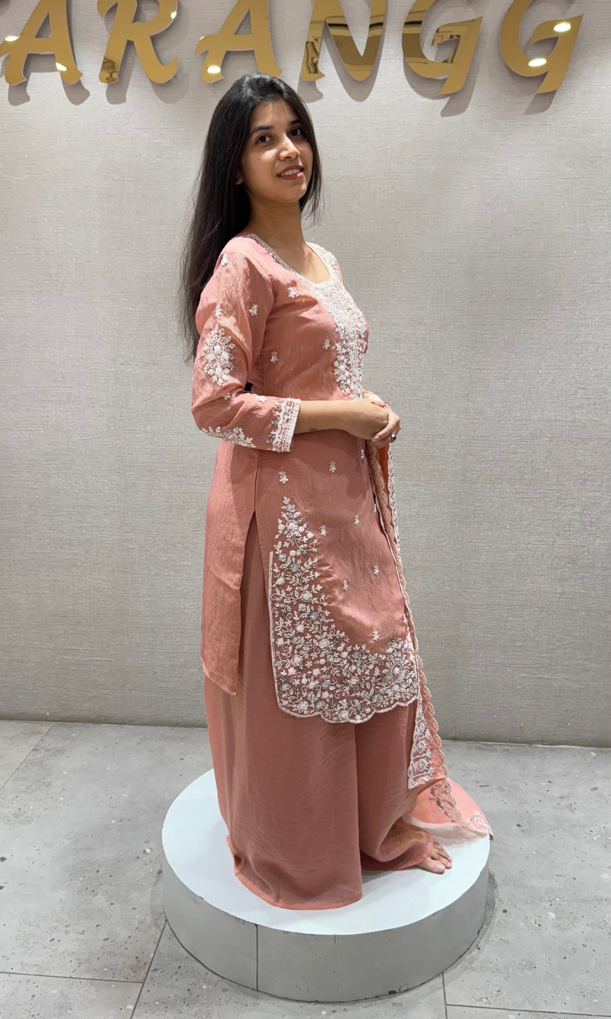 Peach Embroidered Organza SHARARA SUIT