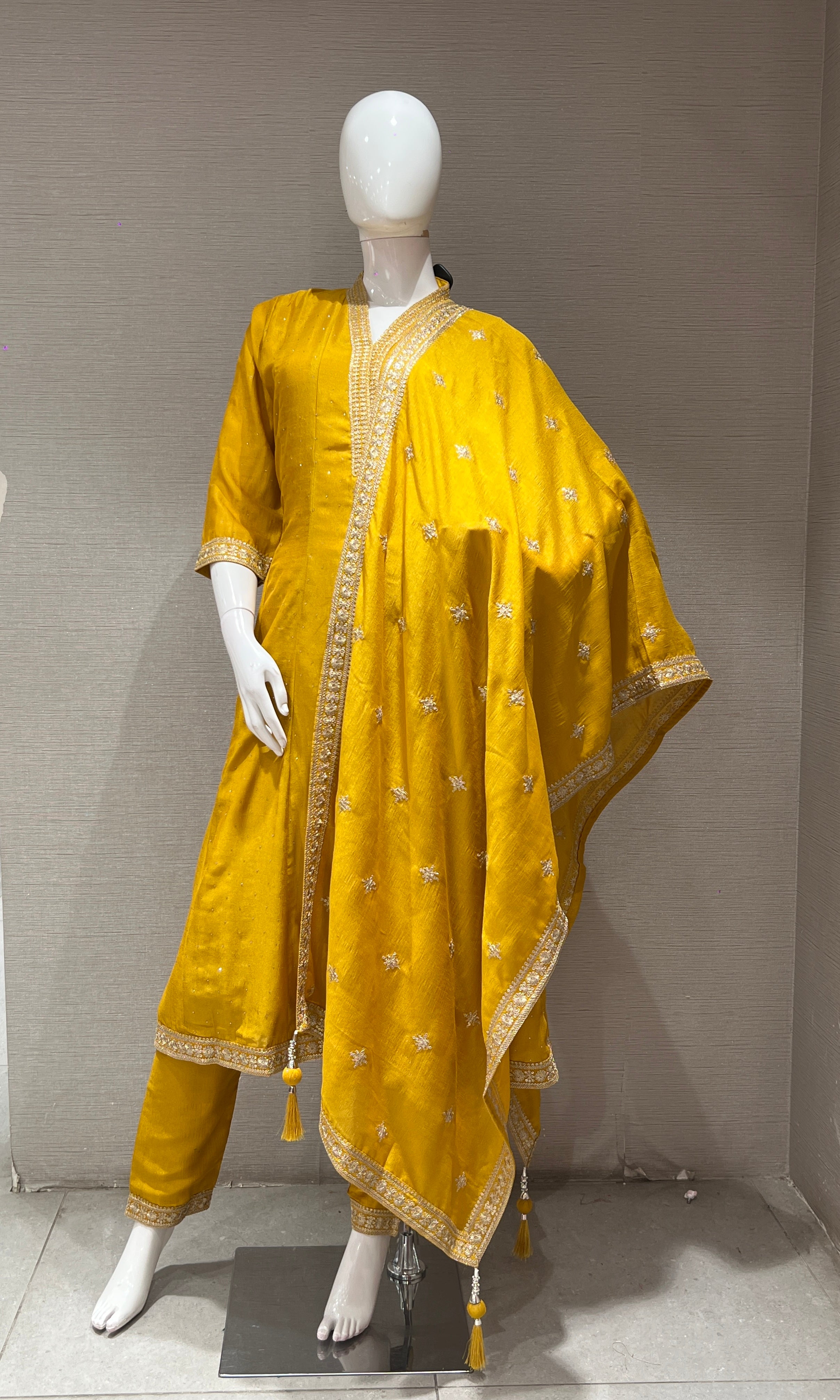 Yellow EMBROIDERED ANARKALI KURTA SET