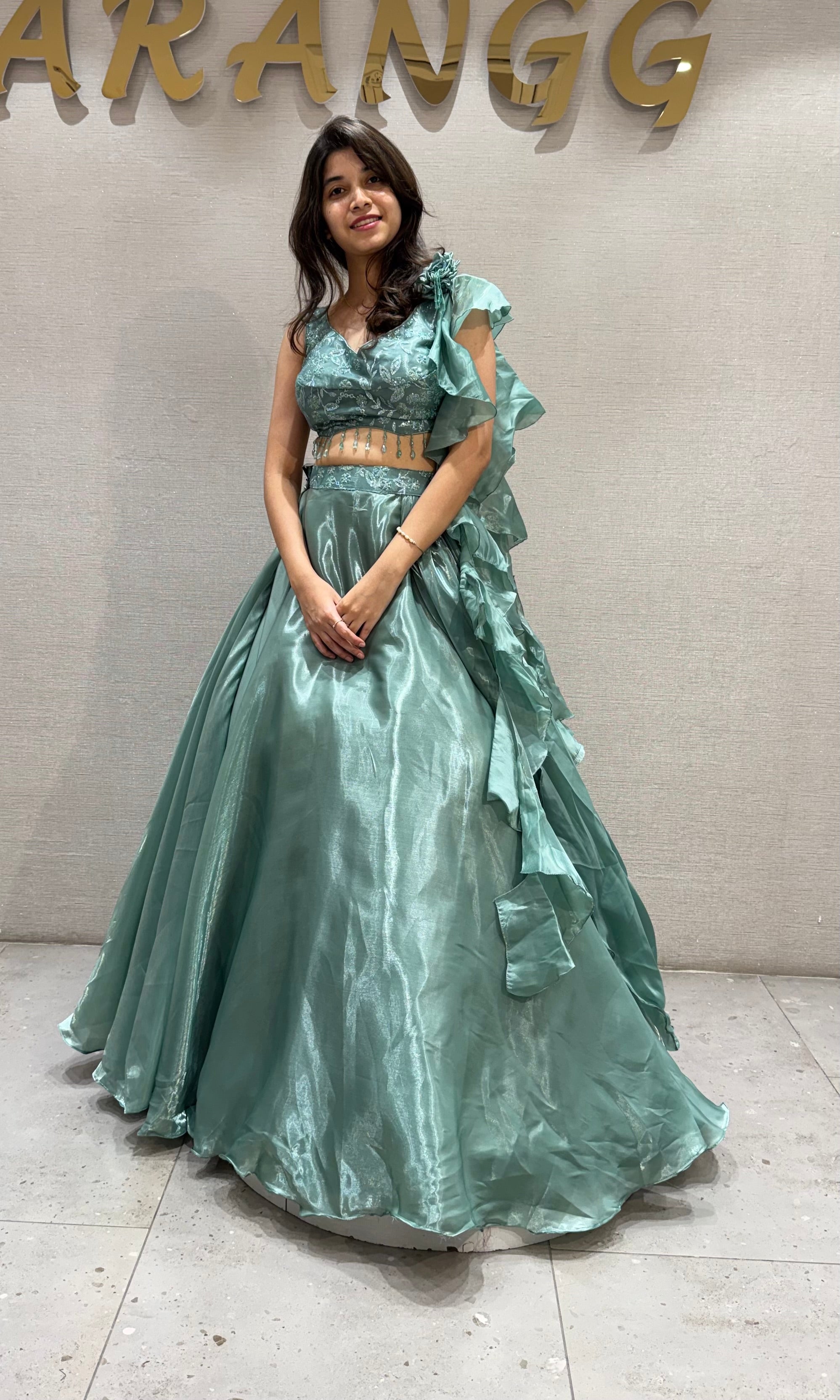 Sea Green Shimmering Organza Lehenga Set