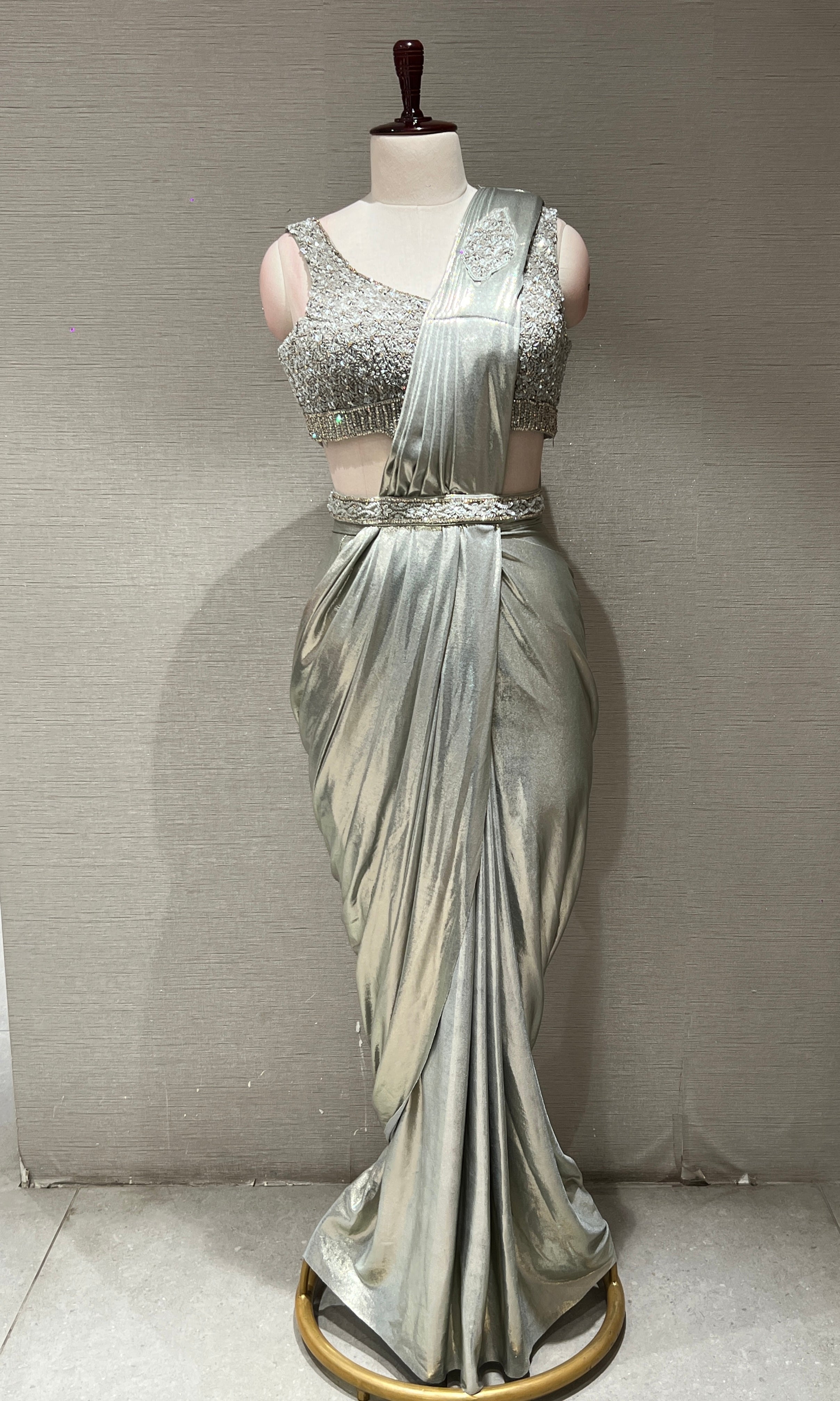 grey draped saree with sequin corset blouse