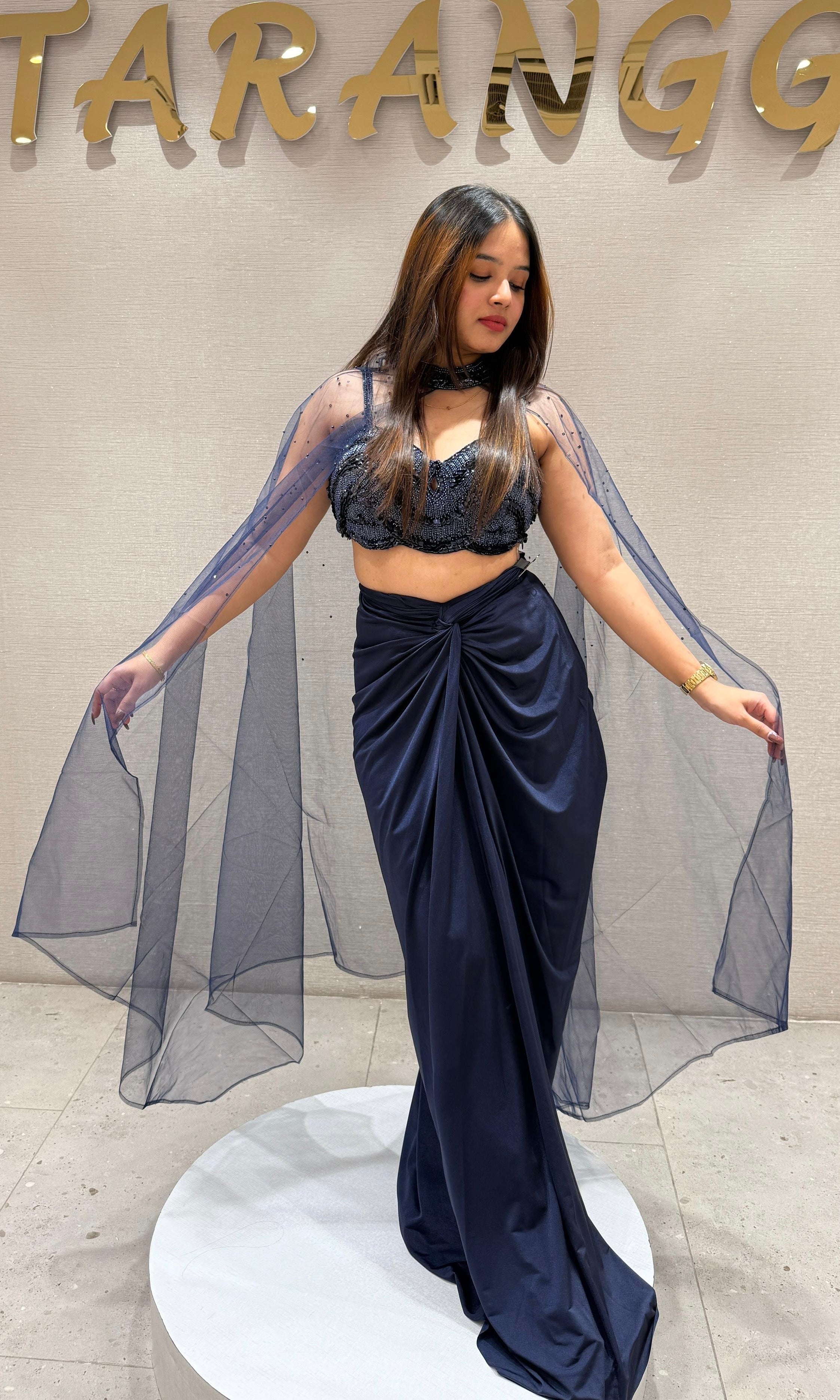 Navy blue 3 piece drape skirt dress