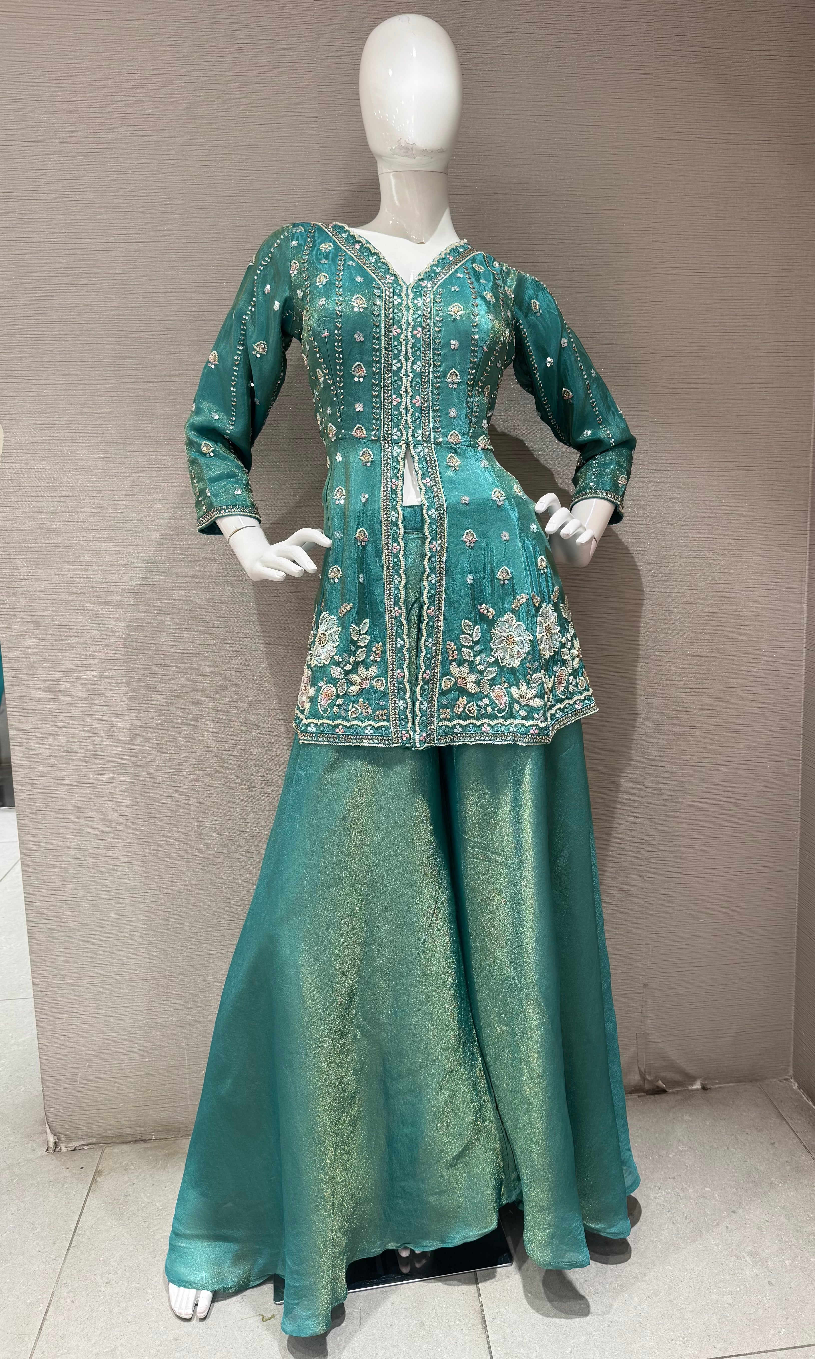 Sea green front slit embroidered peplum palazzo set