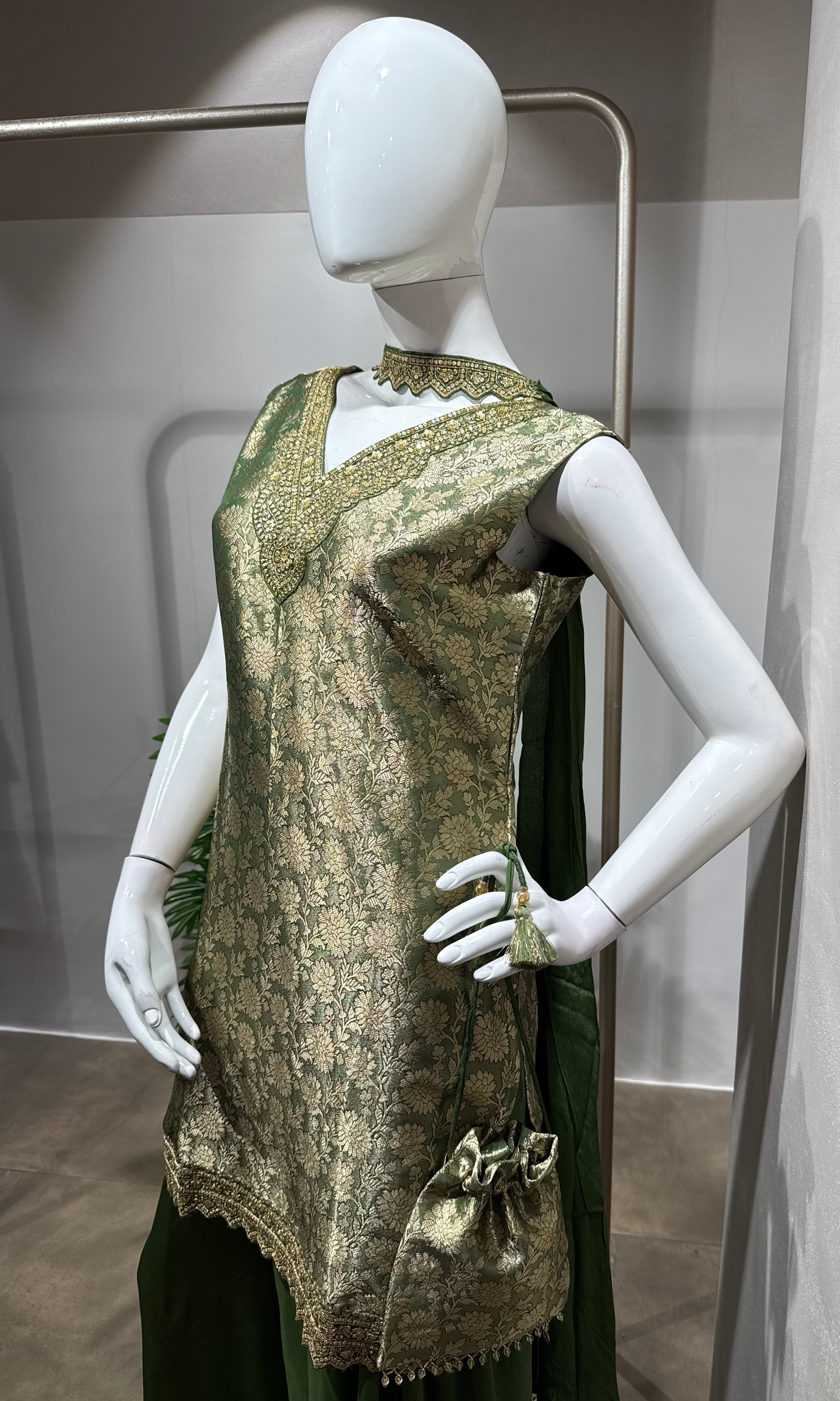 Green Embroidered Silk Sharara Suit With Dupatta