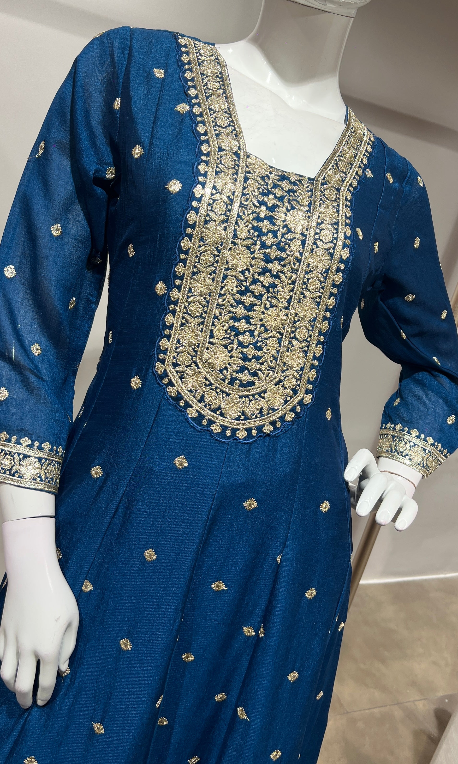 Blue gold embroidered Anarkali set