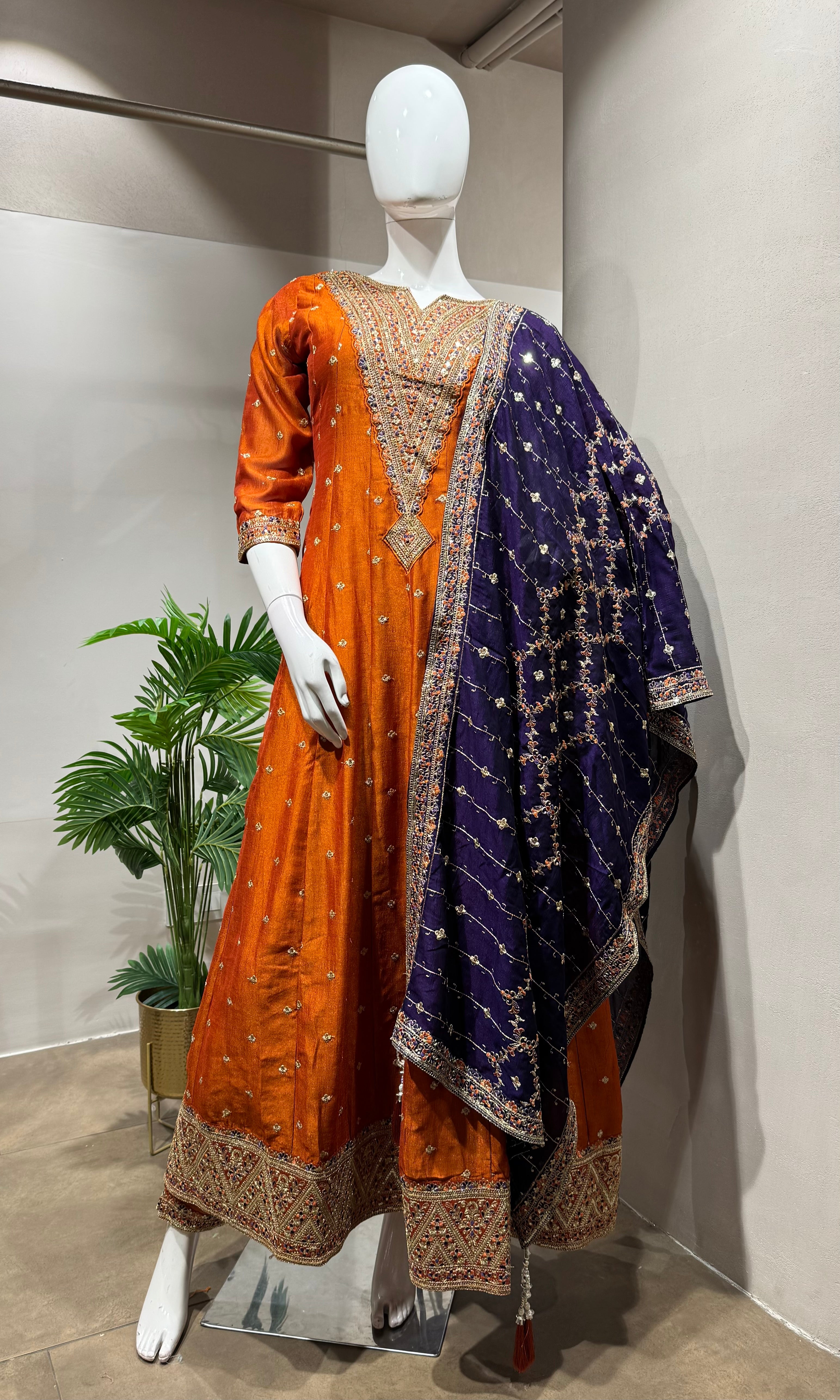 RUST Embroidered Silk Anarkali SET