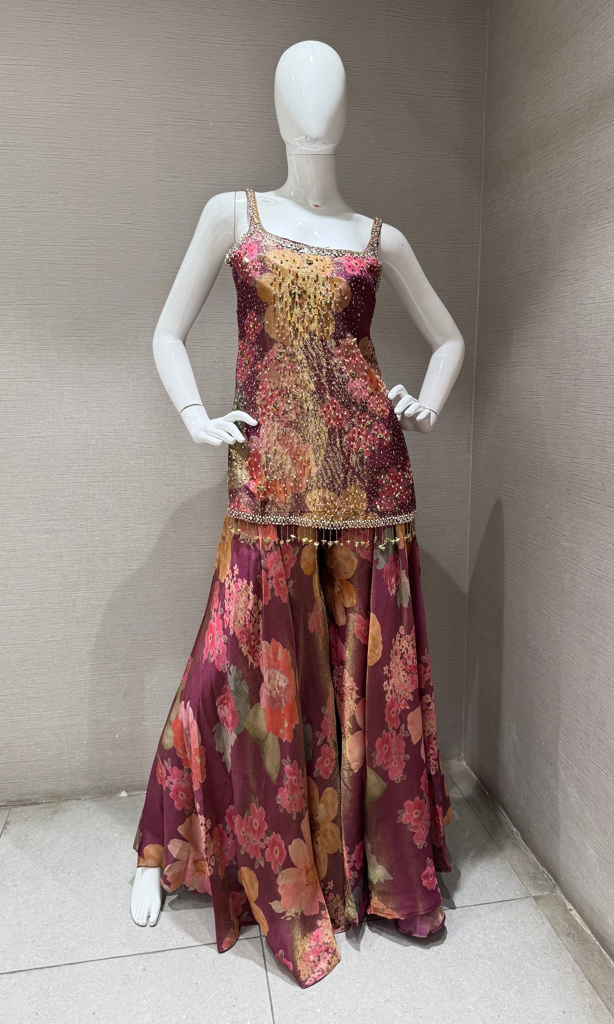 WINE Art Silk Multicolor Floral Printed Sharara Set