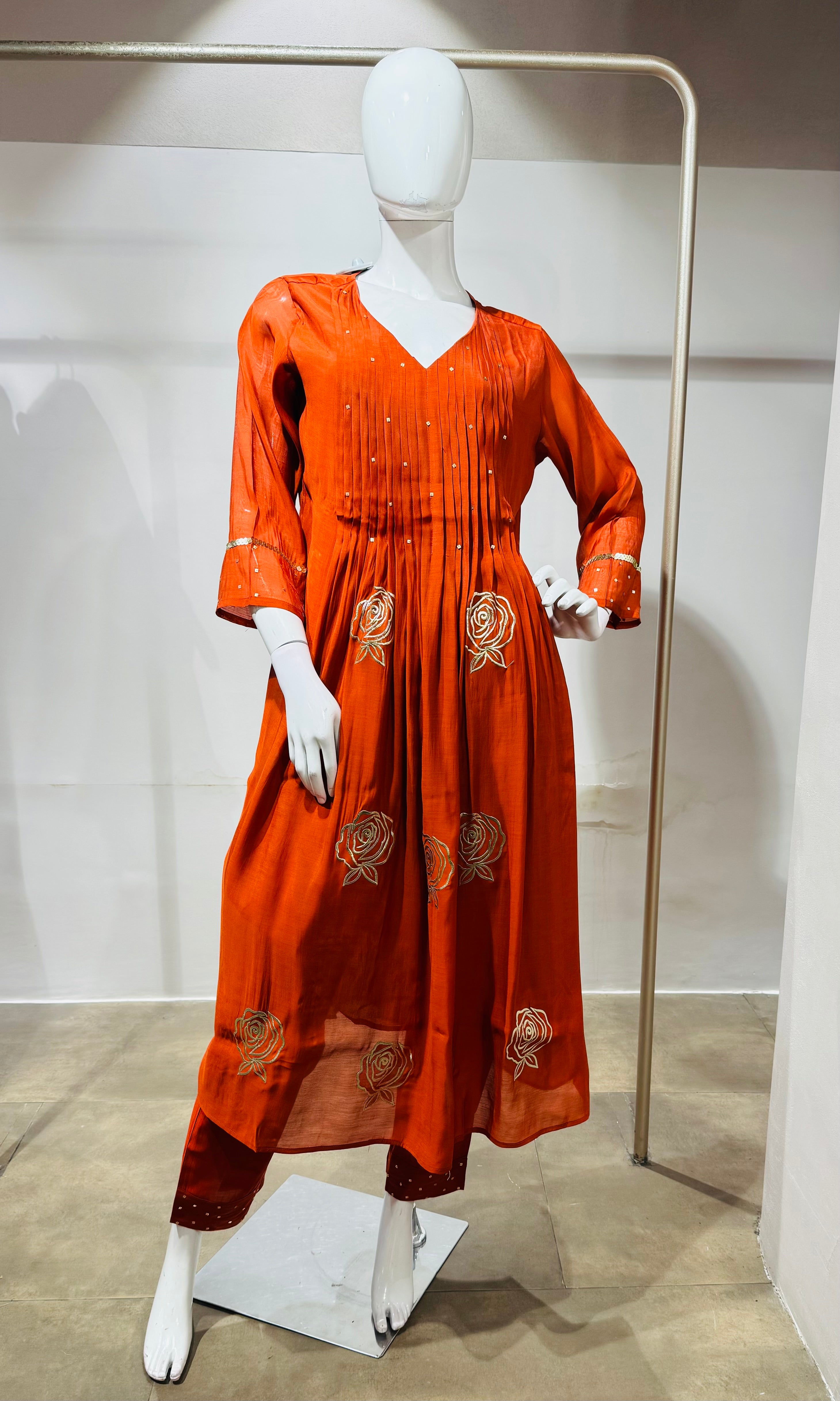 Rust golden floral mul chanderi kurta set