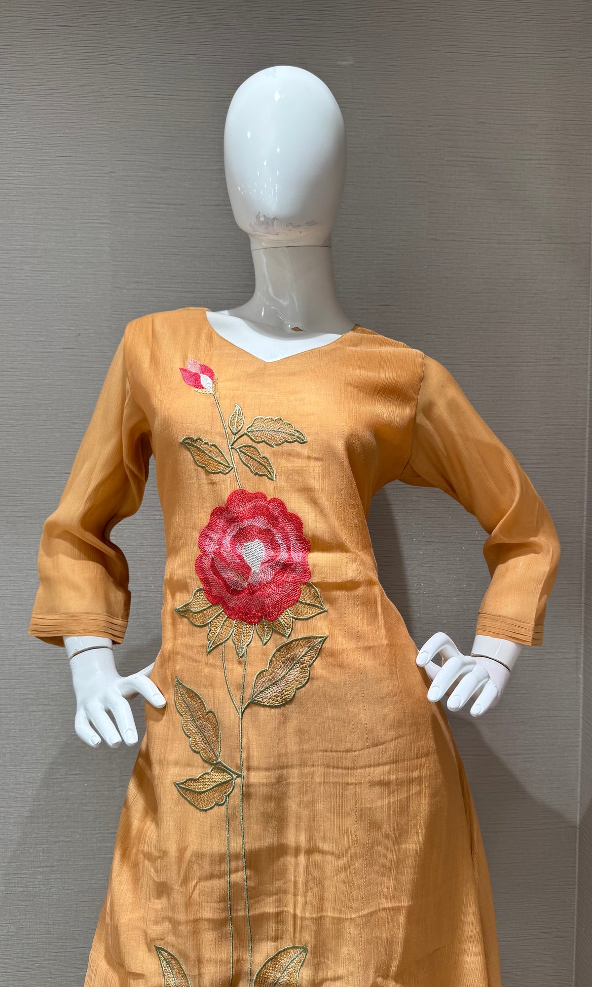 Peach cotton rose Floral Embroidery Kurta Set with Dupatta