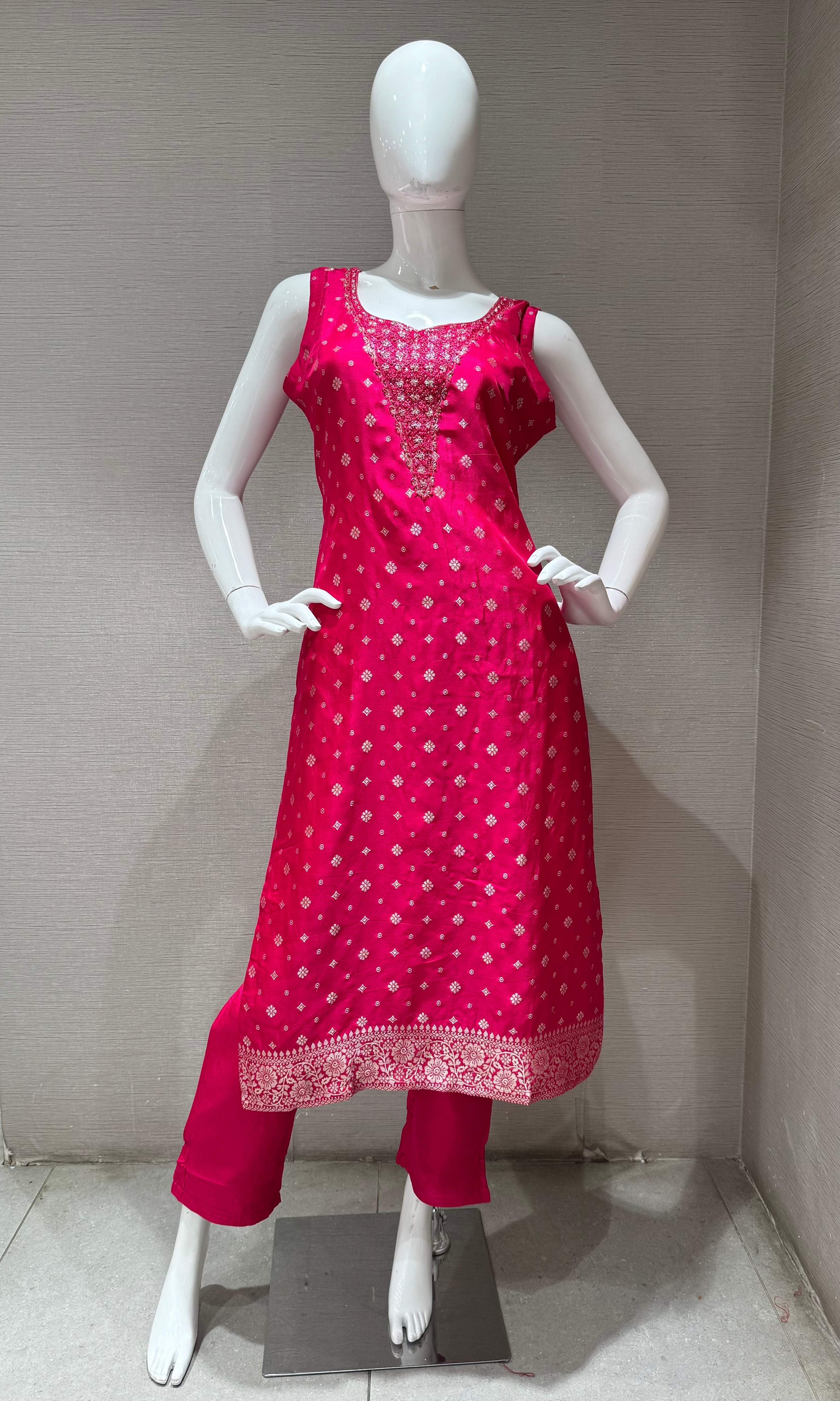 Pink Bandhani Print Kurta set with Floral Dupatta