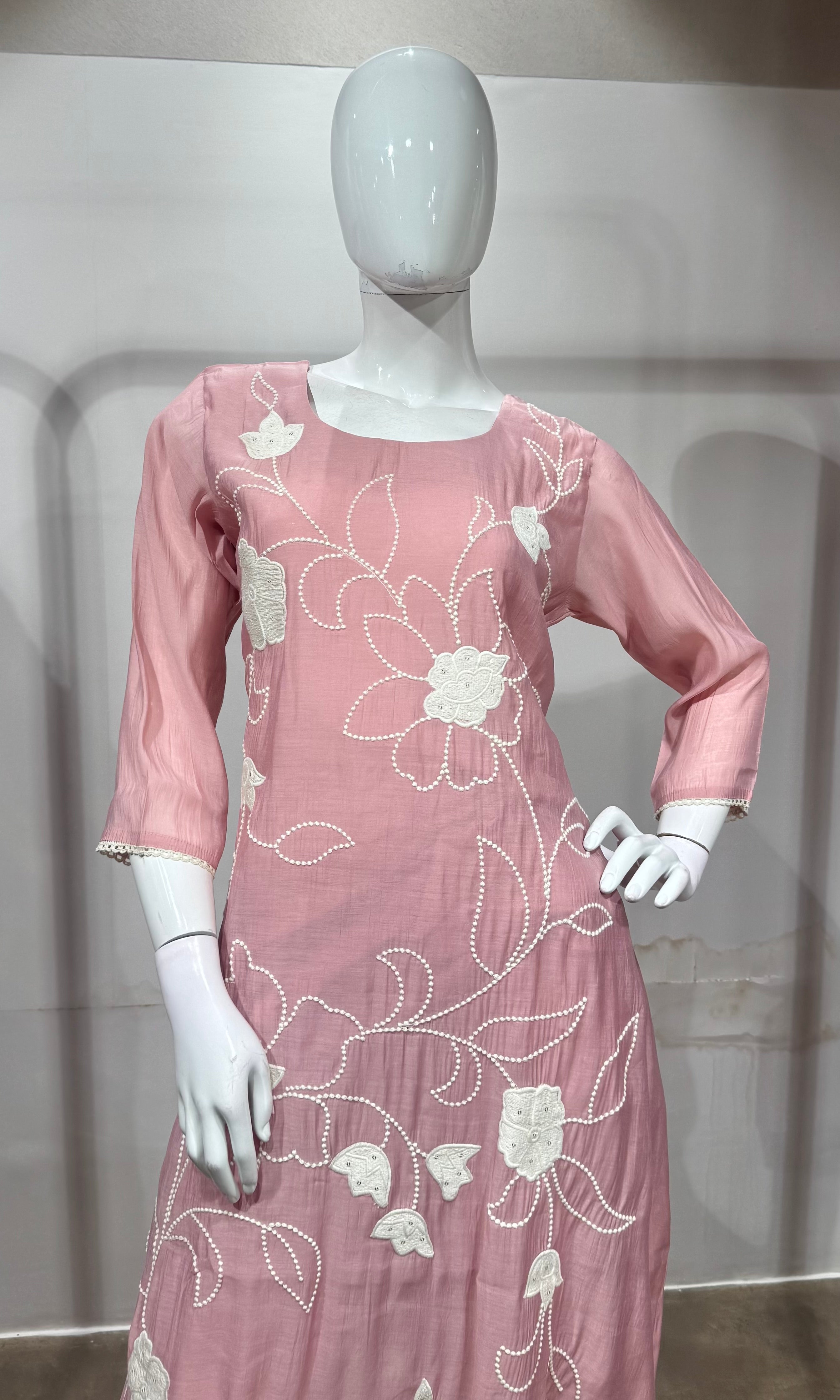 Baby Pink Silk Thread Embroidered kurta set