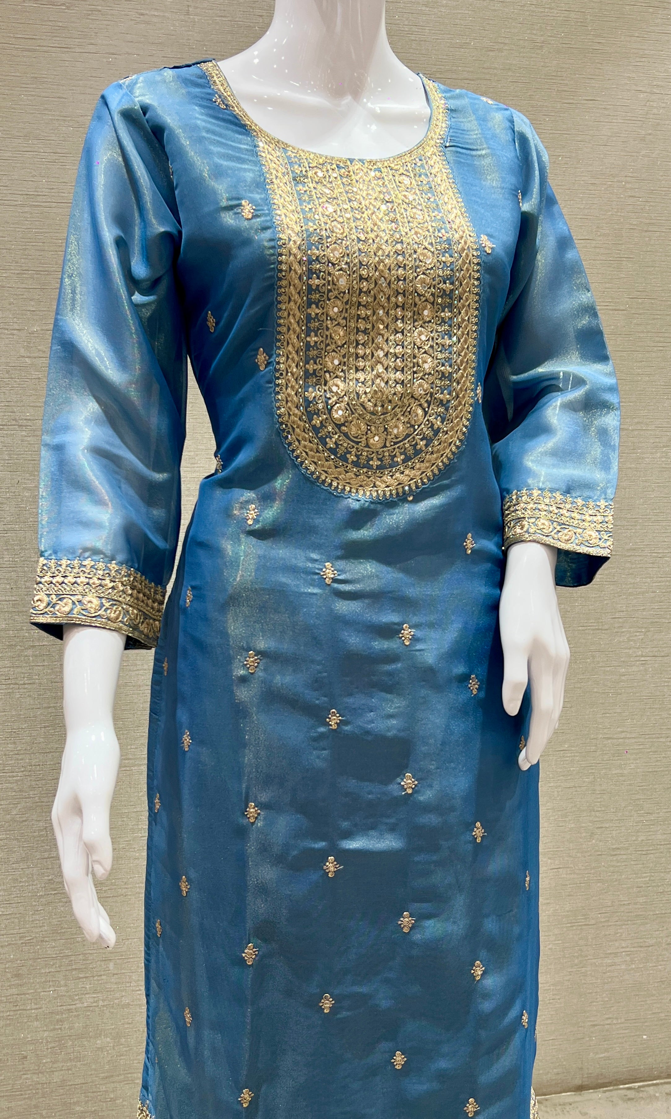 Blue Silk Embroidered Kurta Set with Churidar & Dupatta