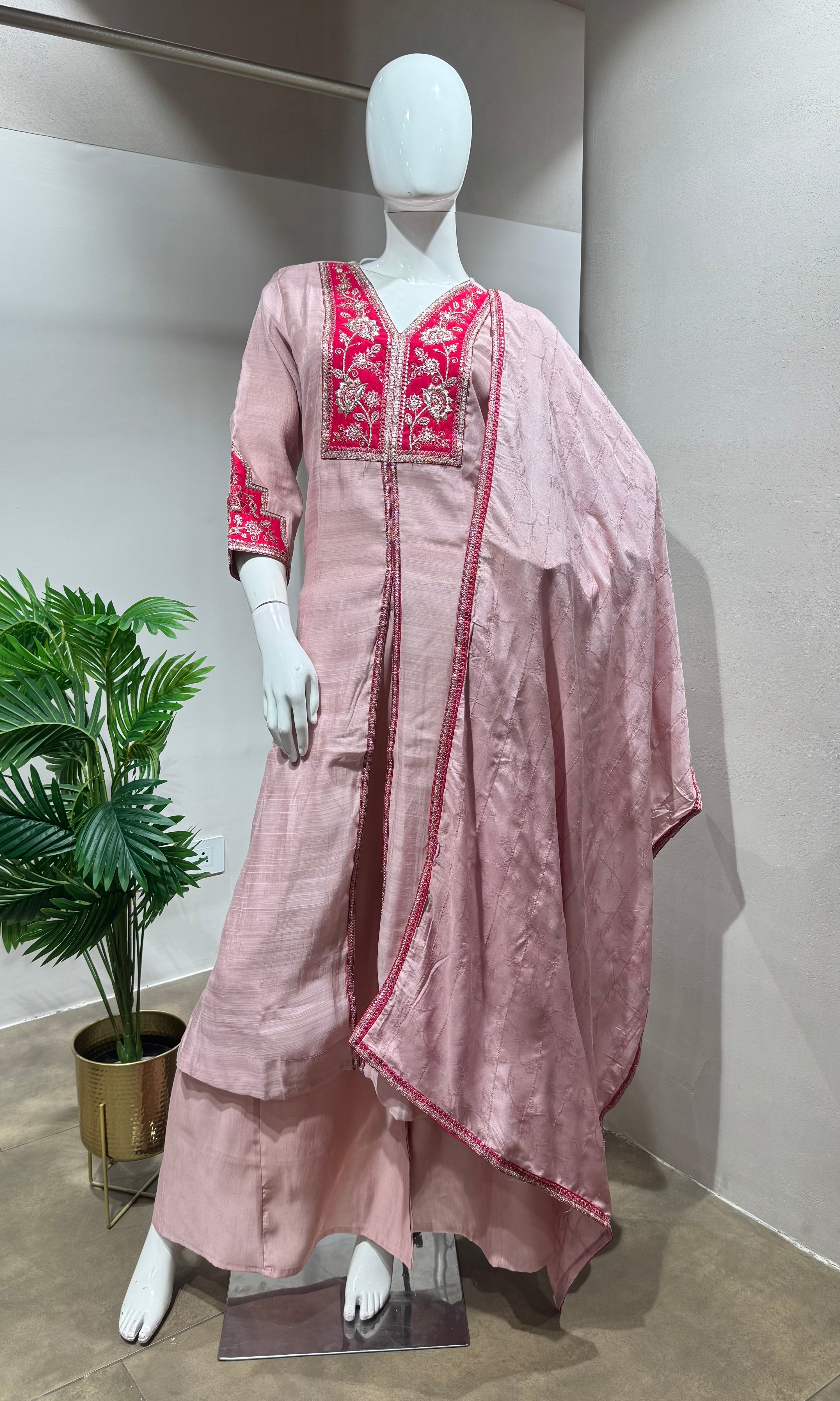 PINK EMBROIDERED FRONT SLIT KURTA SET