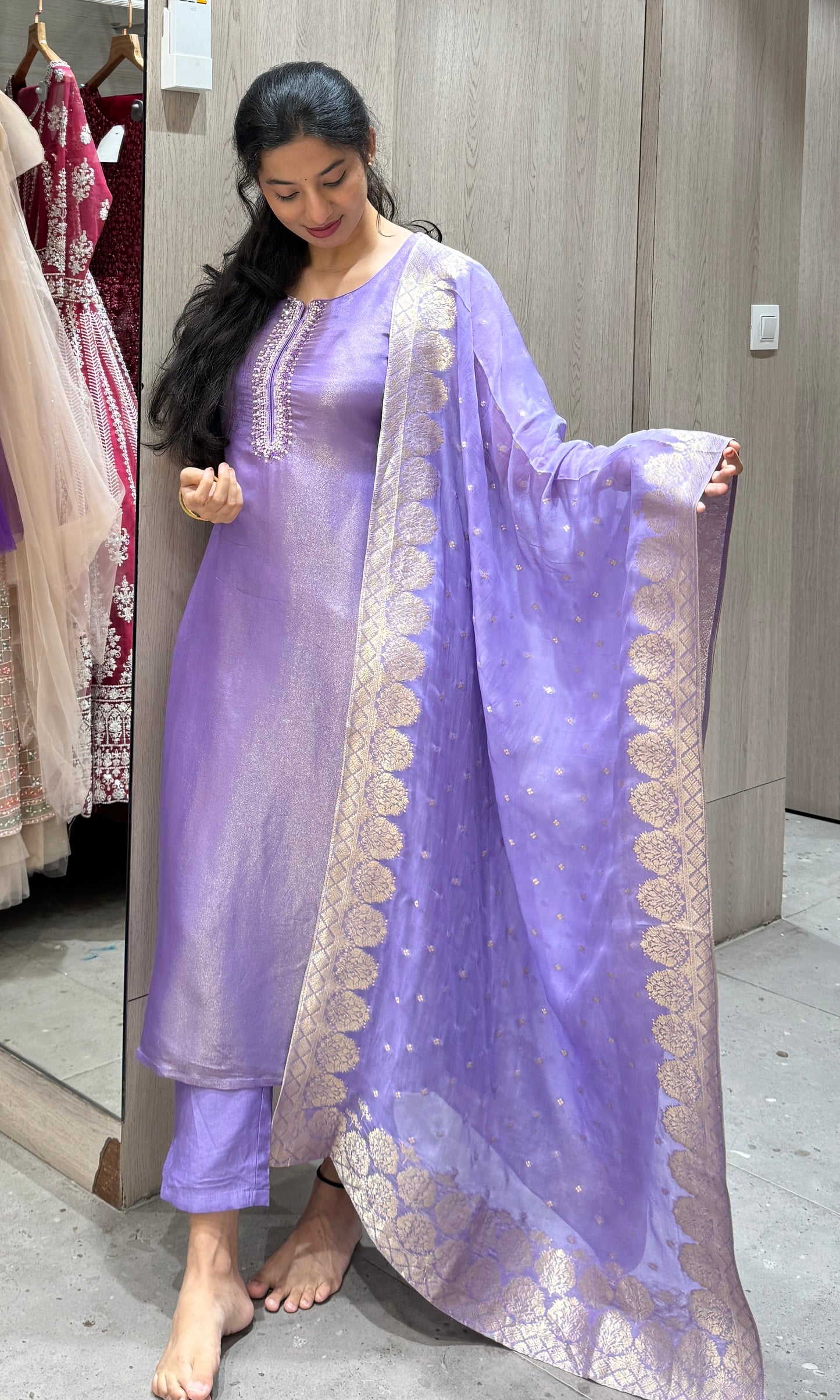 Purple lilac gold shimmer silk kurta set monochrome kurta