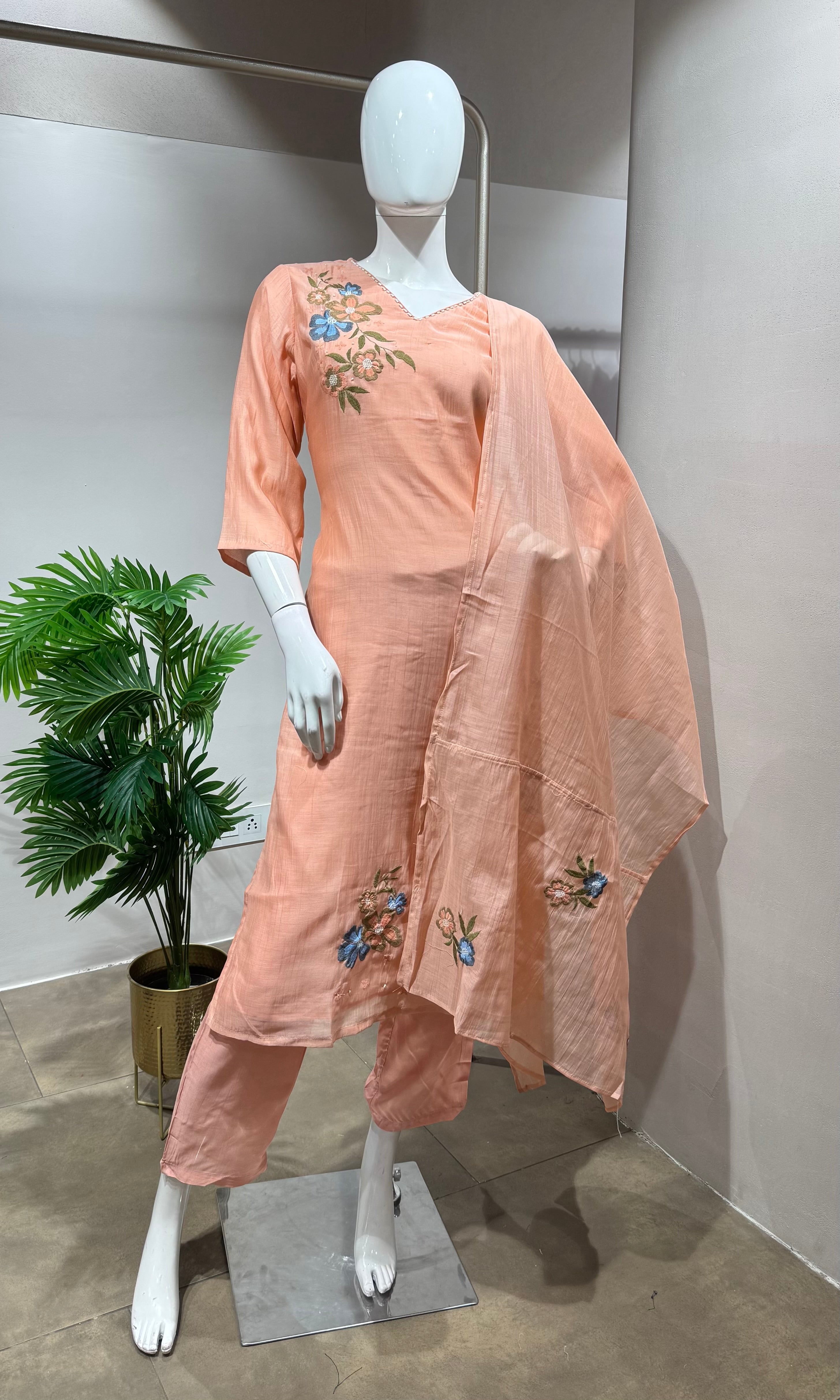Peach Silk Kurti Set with French Knot