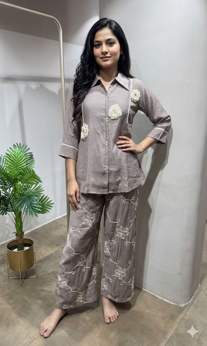 BEIGE BLOSSOM SHIRT CORD SET
