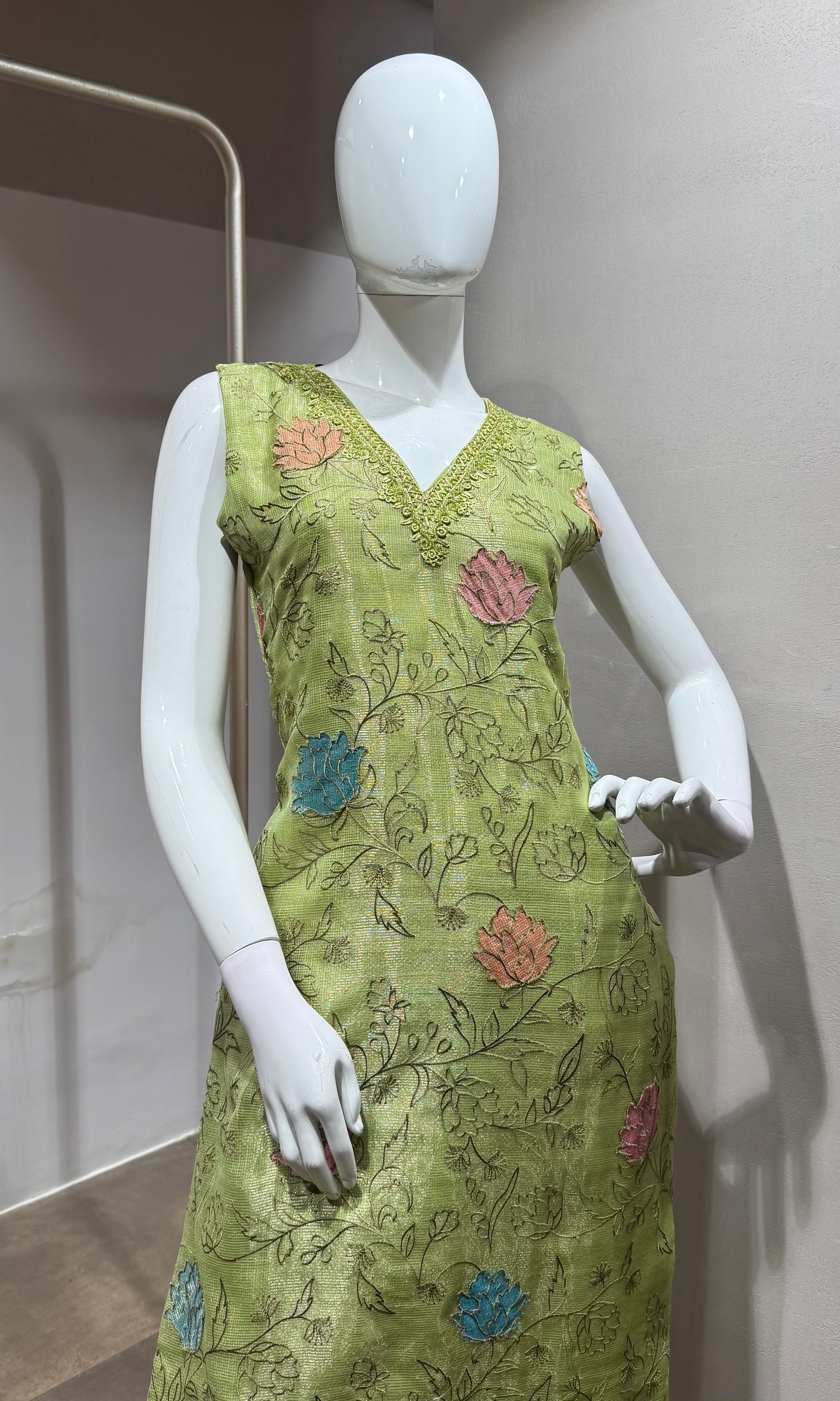 green tissue kurta set with sheer dupatta
