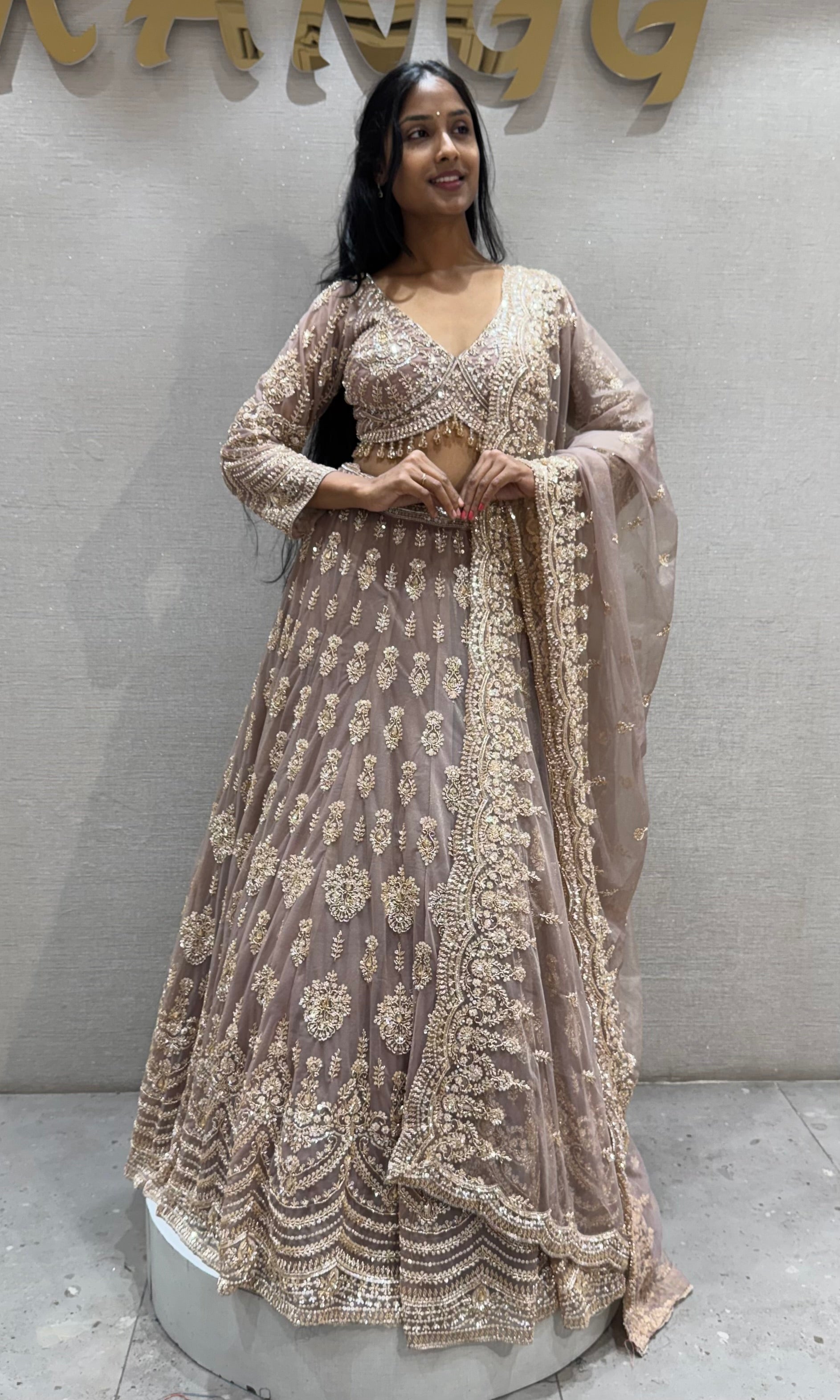 Mauve Embroidered Net Bridal Lehenga Set
