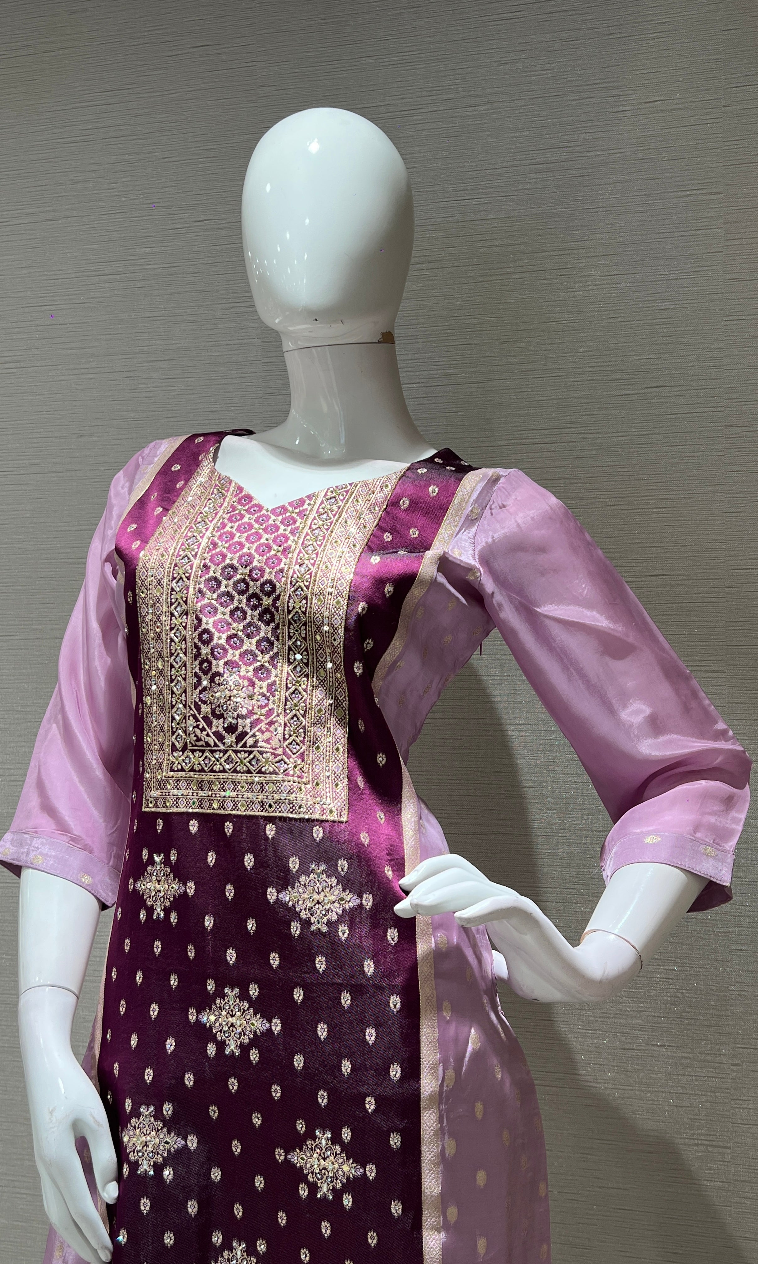 WINE EMBROIDERED KURTA SET WITH PALAZZO PANTS