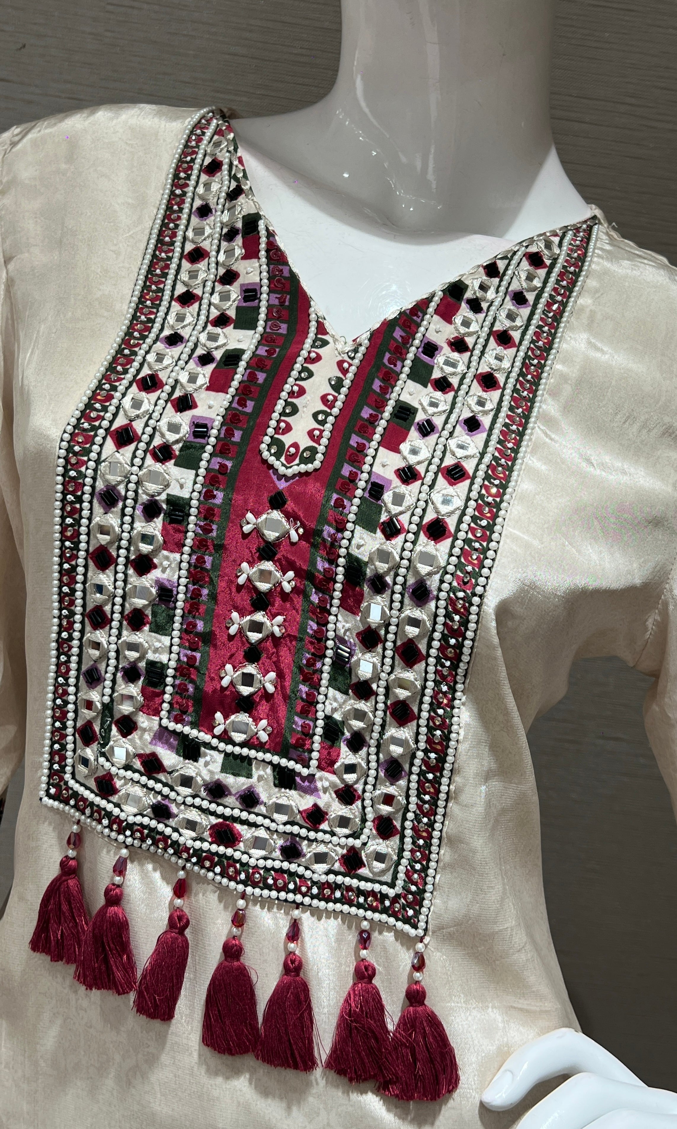 white and maroon printed kurta set with palazzo pants