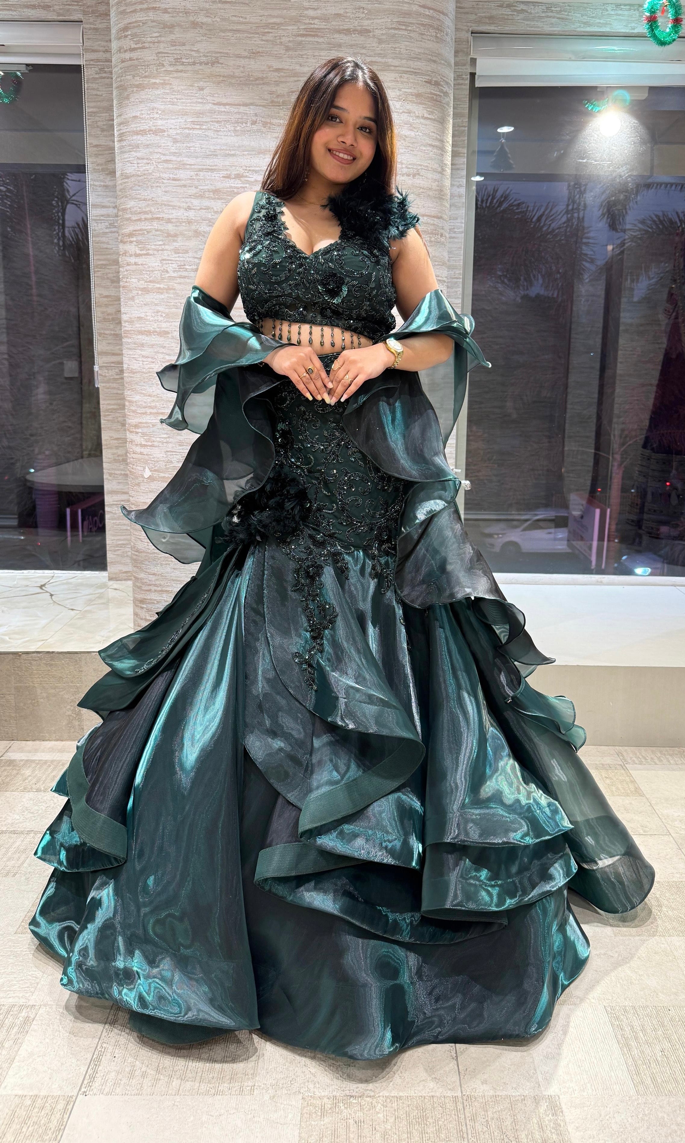 green Emerald Ruffle Lehenga