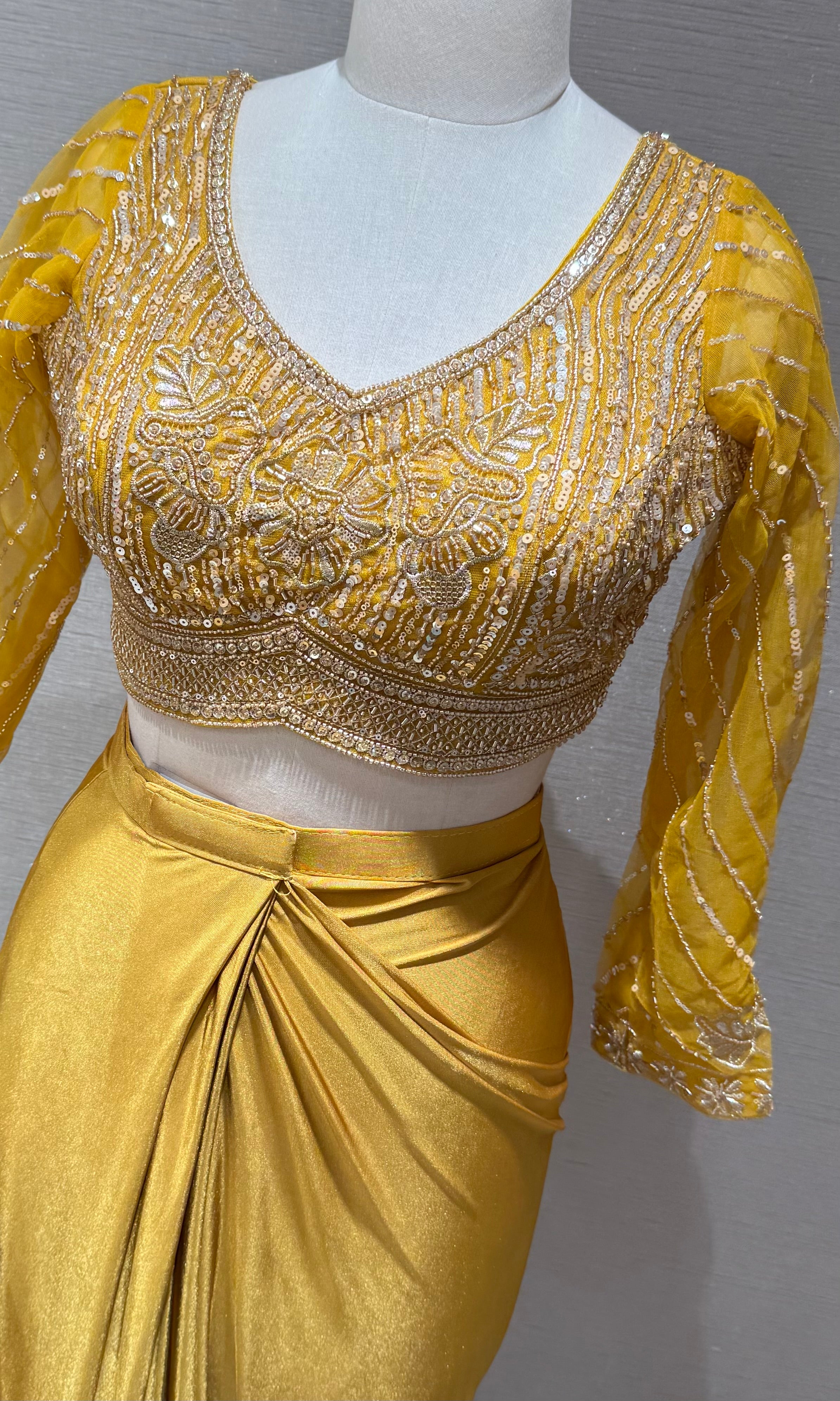 Yellow Satin Drape Saree with Embroidered Blouse